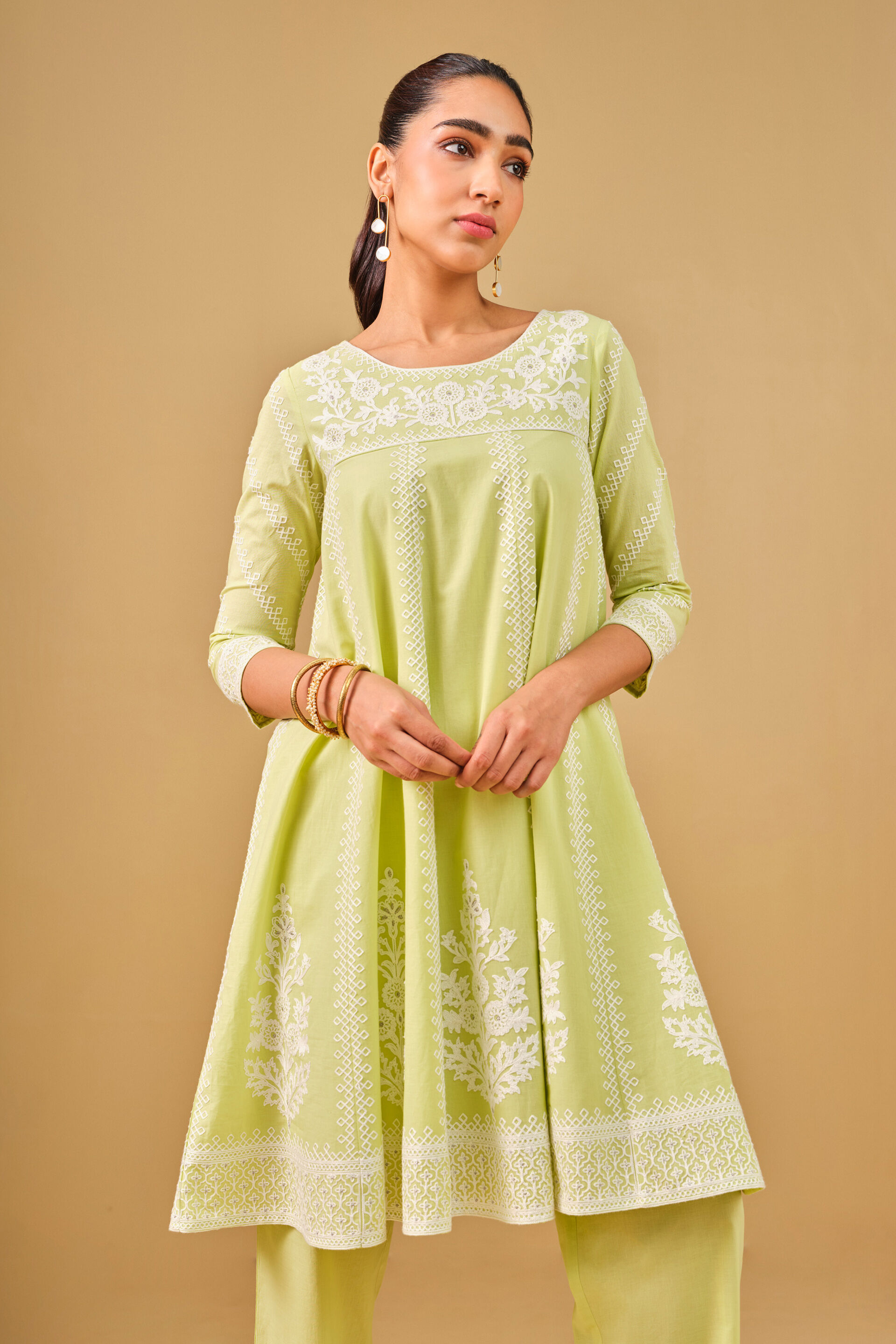 Lime Green Embroidered Cotton Kurta Set, Lime, image 2