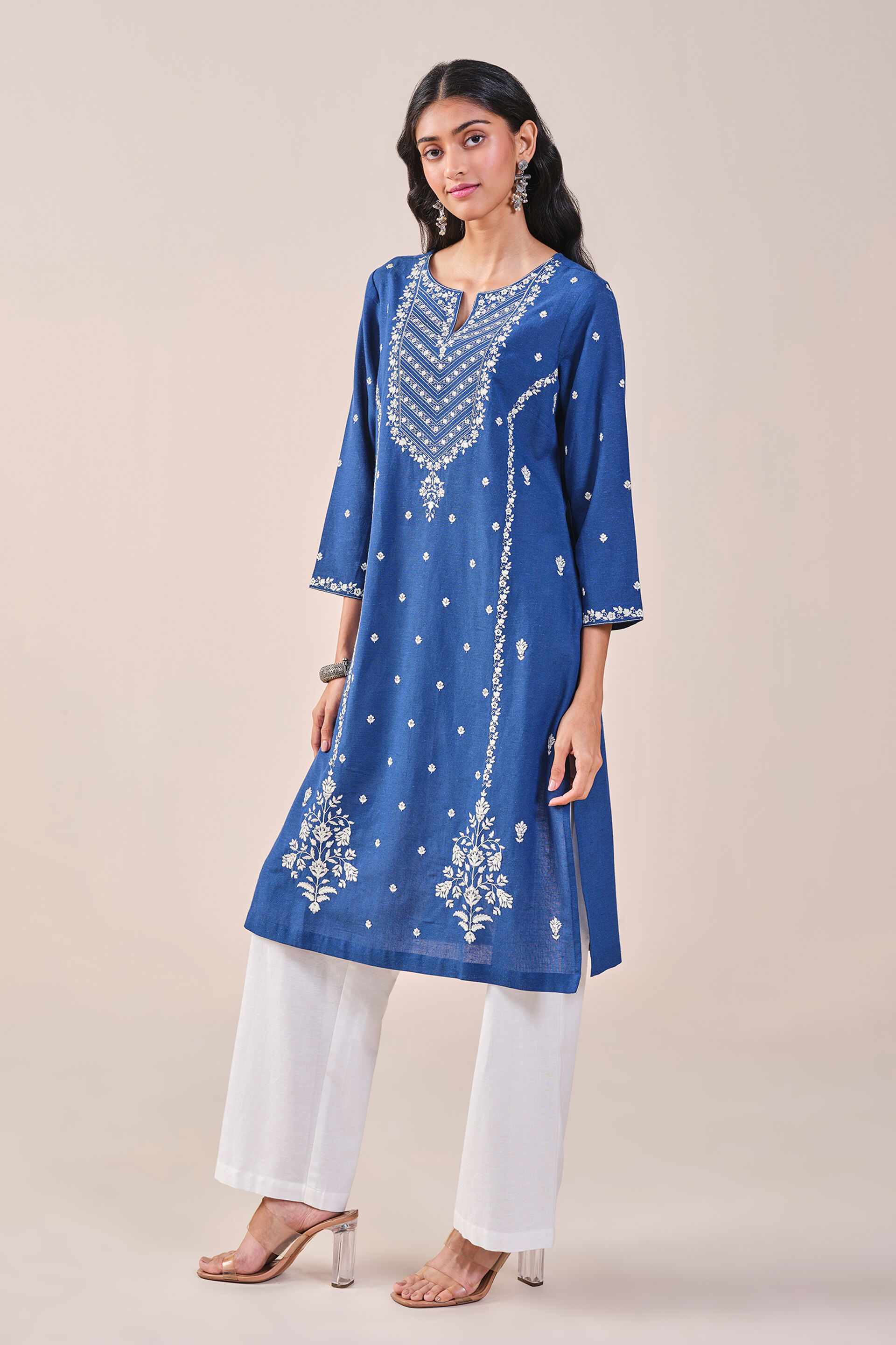 Blue Embroidered Rayon Kurta, Blue, image 3