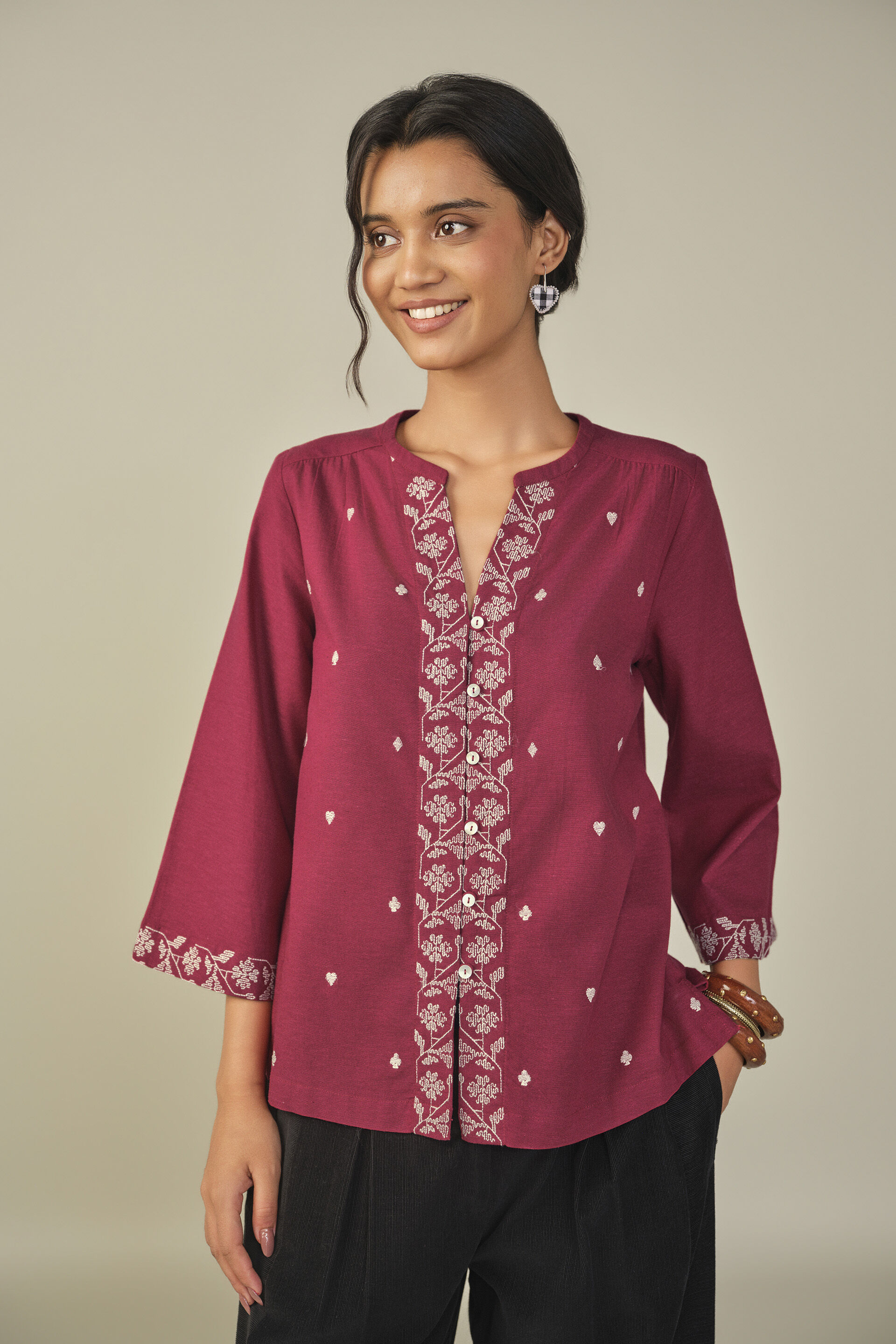 Embroidered Bell Sleeved Top in Red