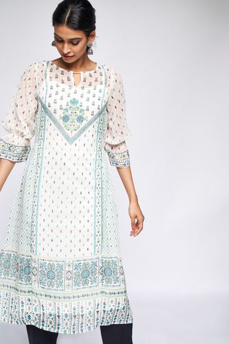 3 - Off White Geometric Fit and Flare Kurta, image 3
