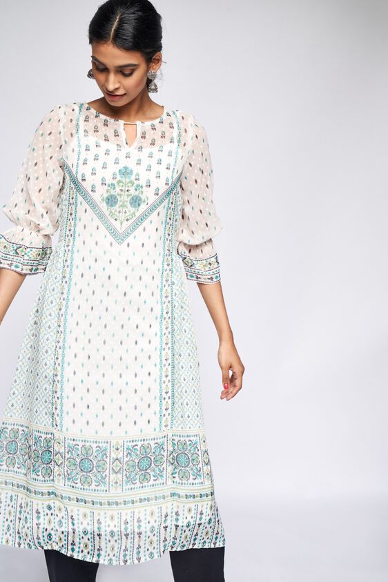 3 - Off White Geometric Fit and Flare Kurta, image 3