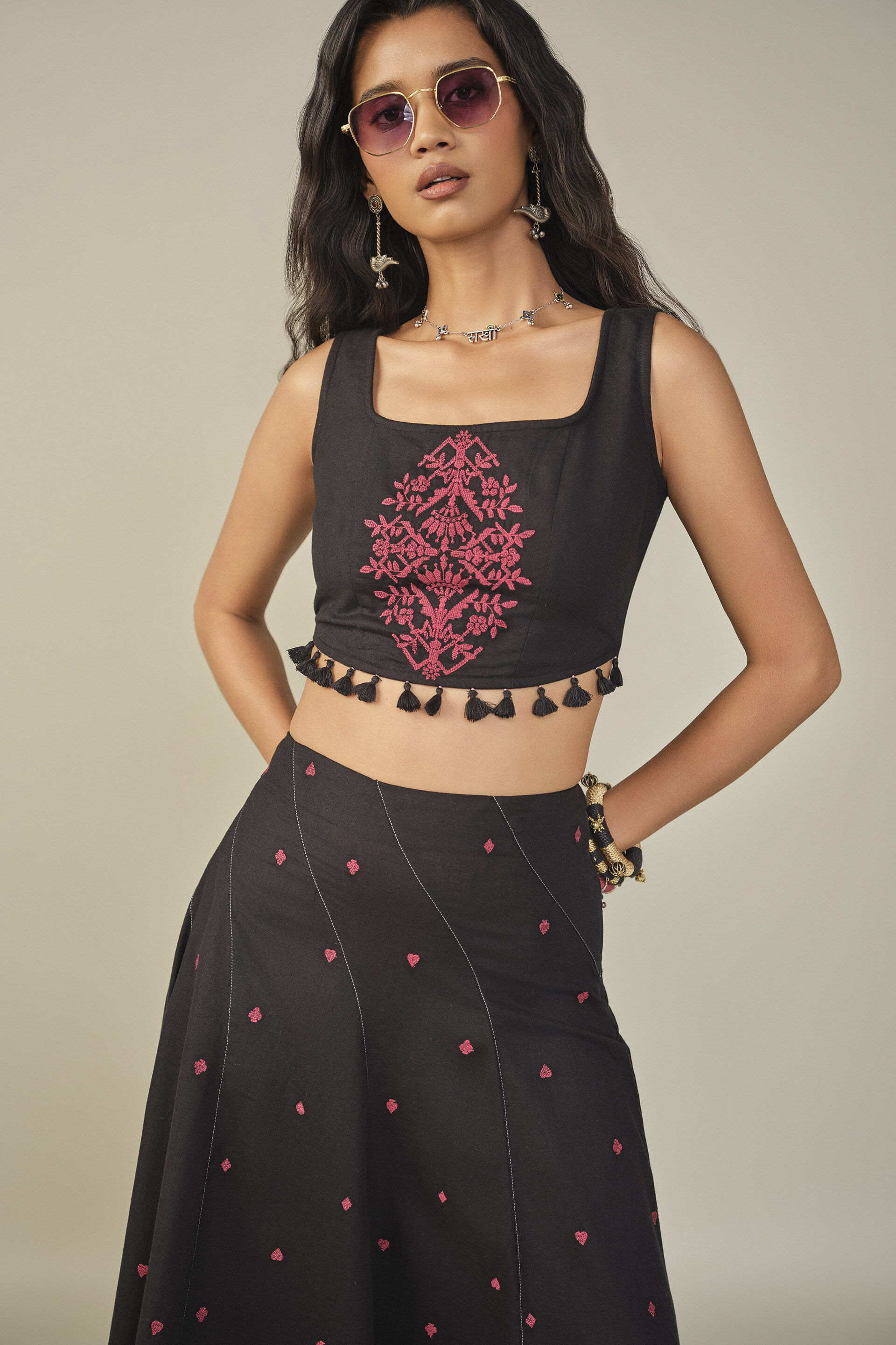 Embroidered Skirt Set in Black, Black, image 3