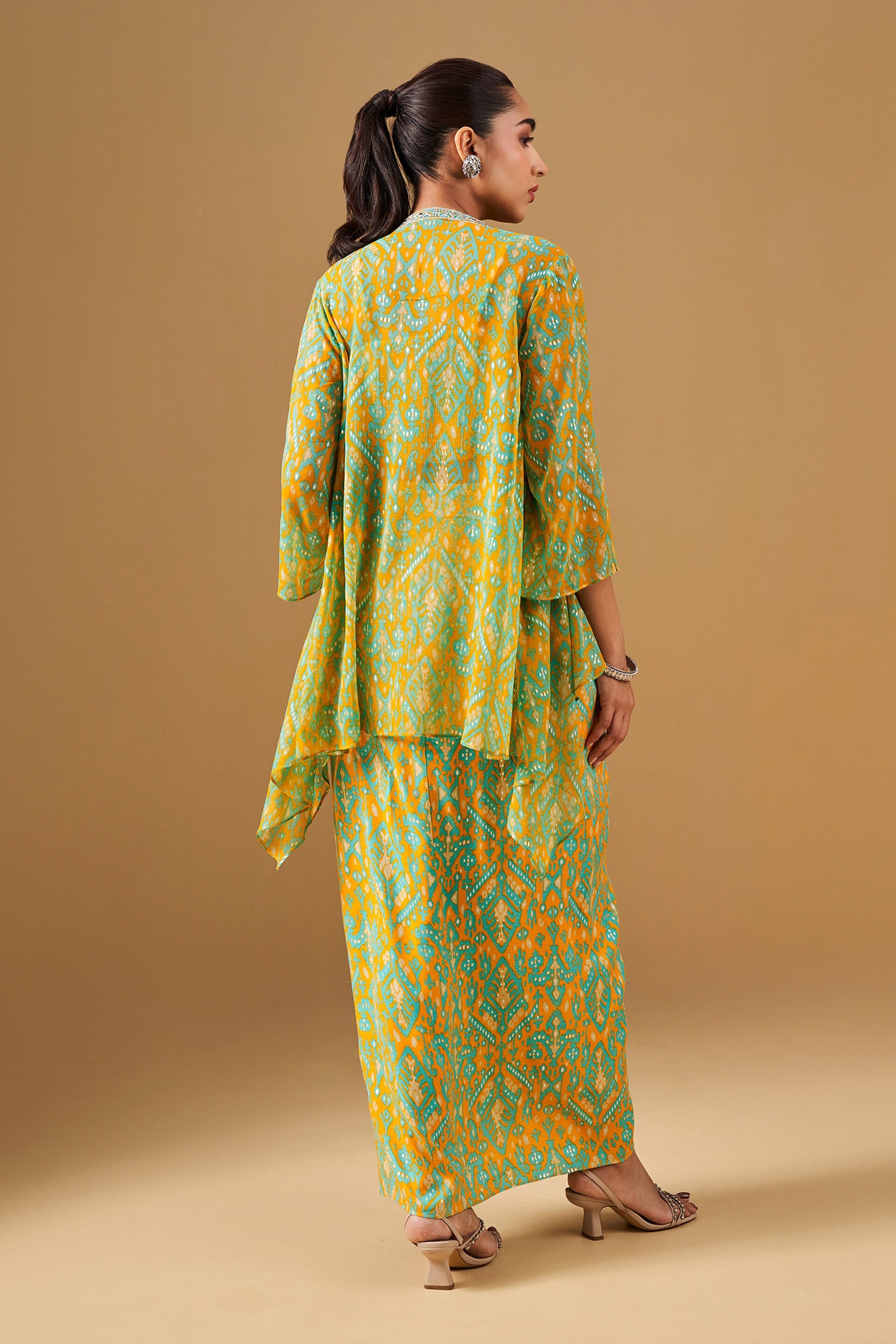 Ikat Inspired Asymmetrical Skirt Co-ord Set, Mustard, image 6