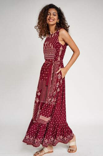 4 - Maroon Floral Printed Fit And Flare Dress, image 4
