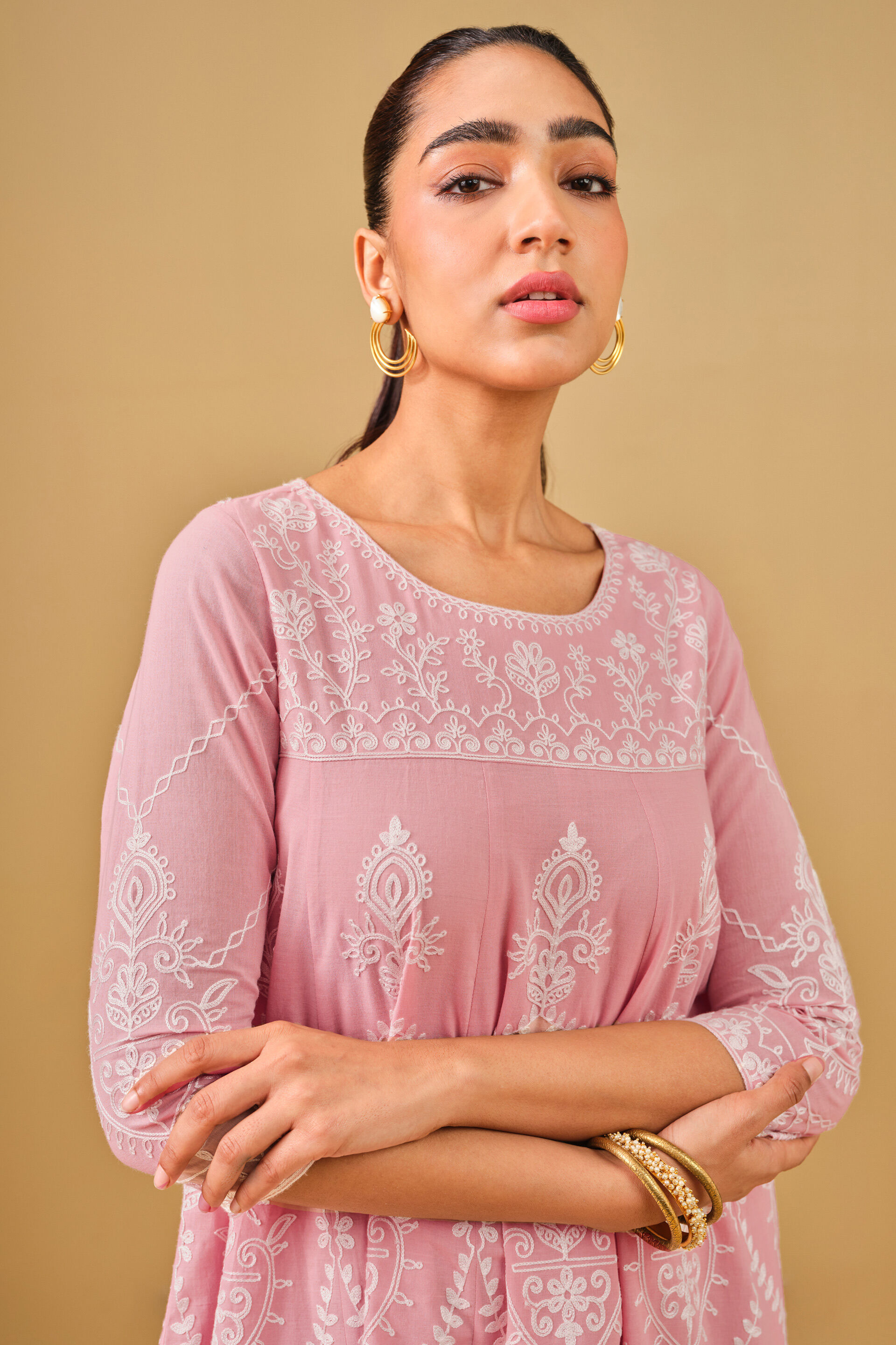 Pink Embroidered Cotton Kurta Set, Pink, image 4