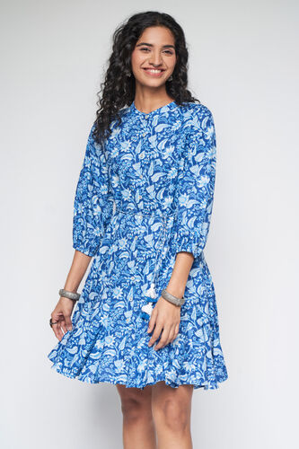 Blue Floral Gathered Shirt Style Dress, Blue, image 3