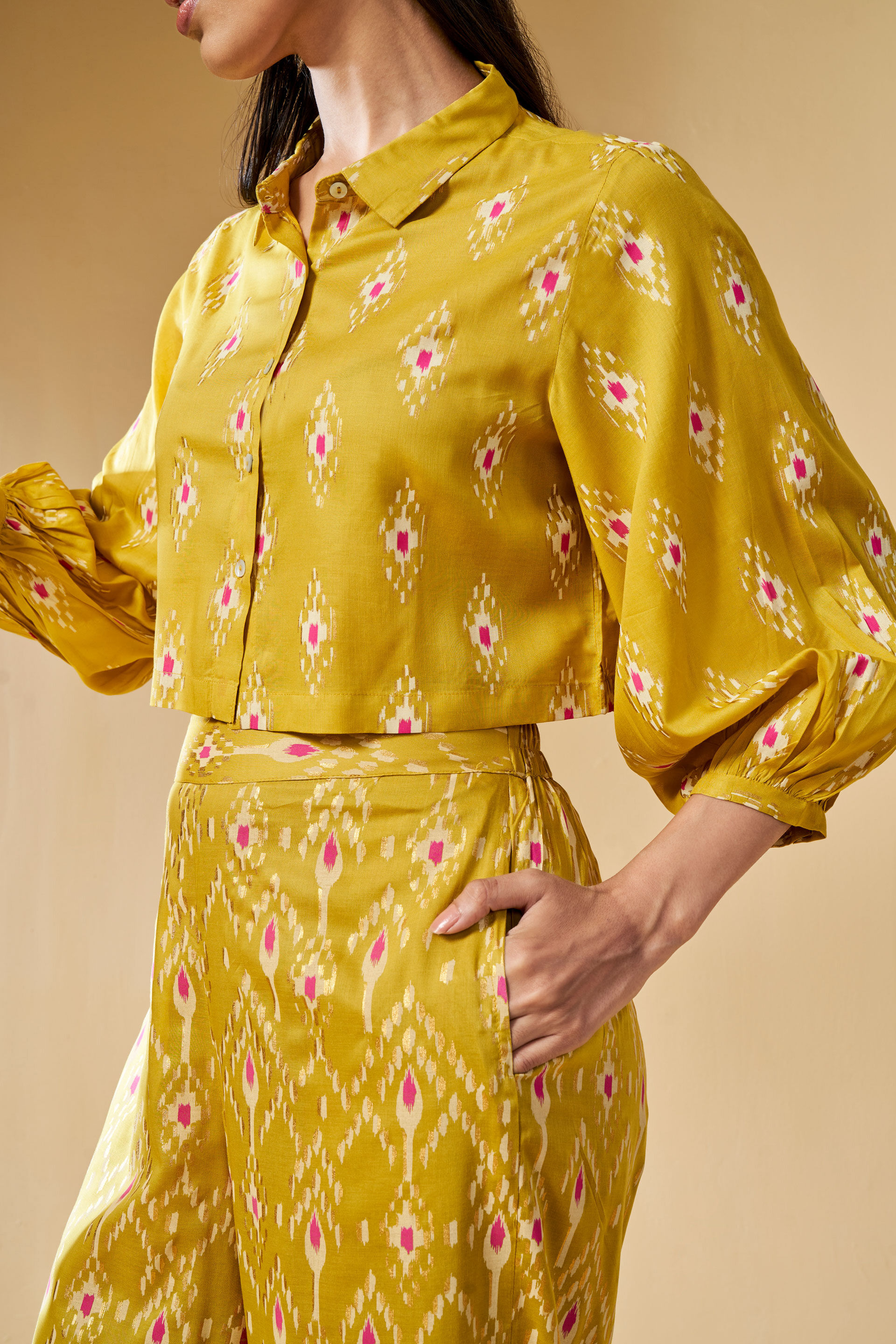 Crop top Ikat inspired co-ord set, Mustard, image 4