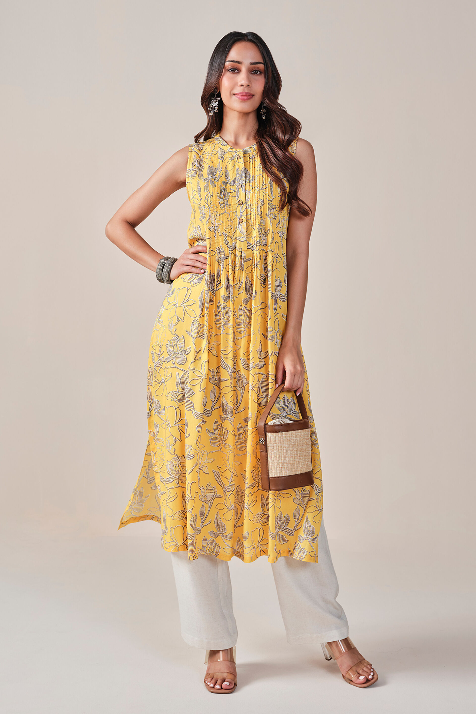 Floral Print Viscose Kurta, Mustard, image 5