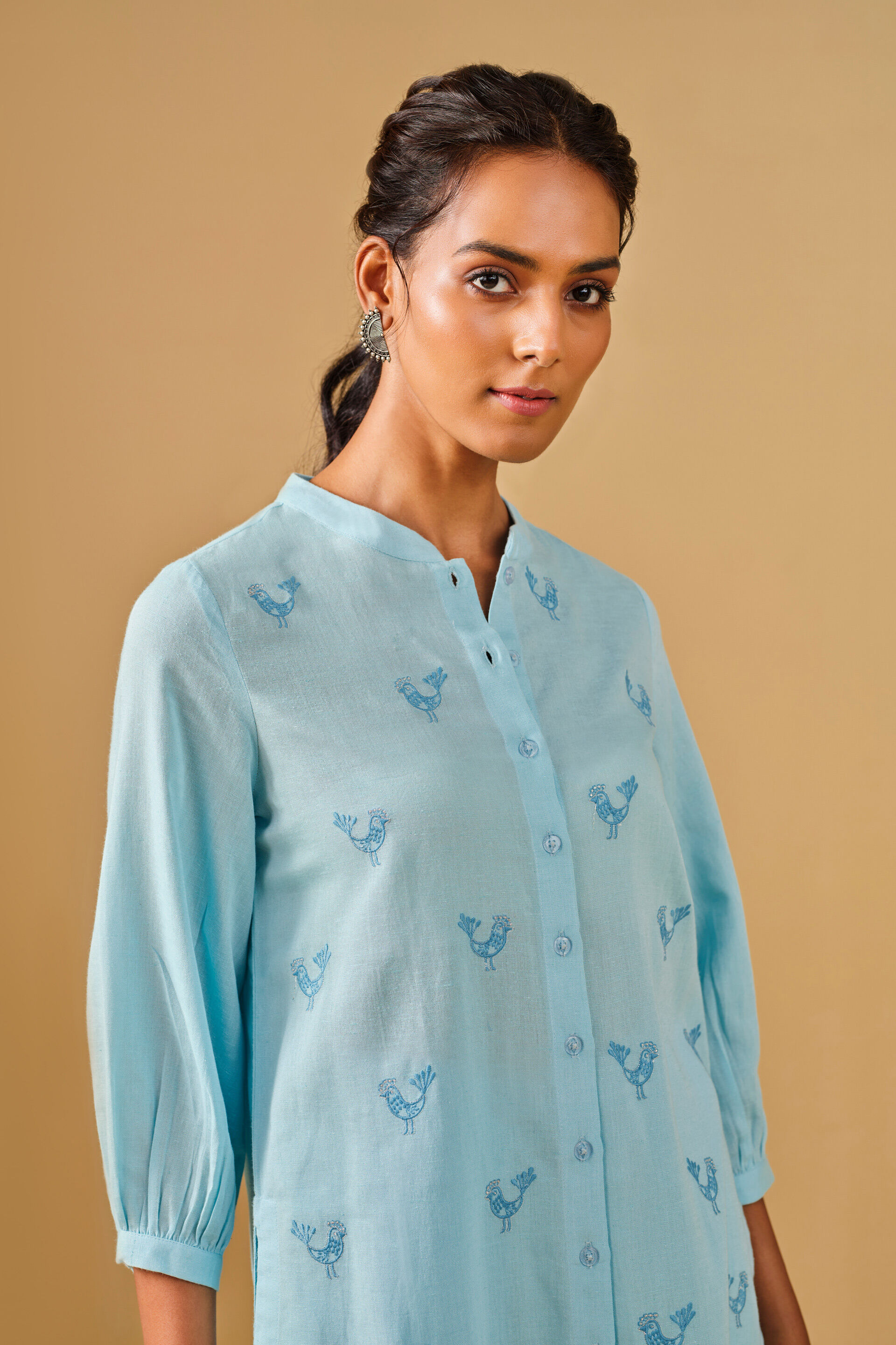 Embroidered Mandarin Collar Viscose Blend Blue Kurta Set, Blue, image 4