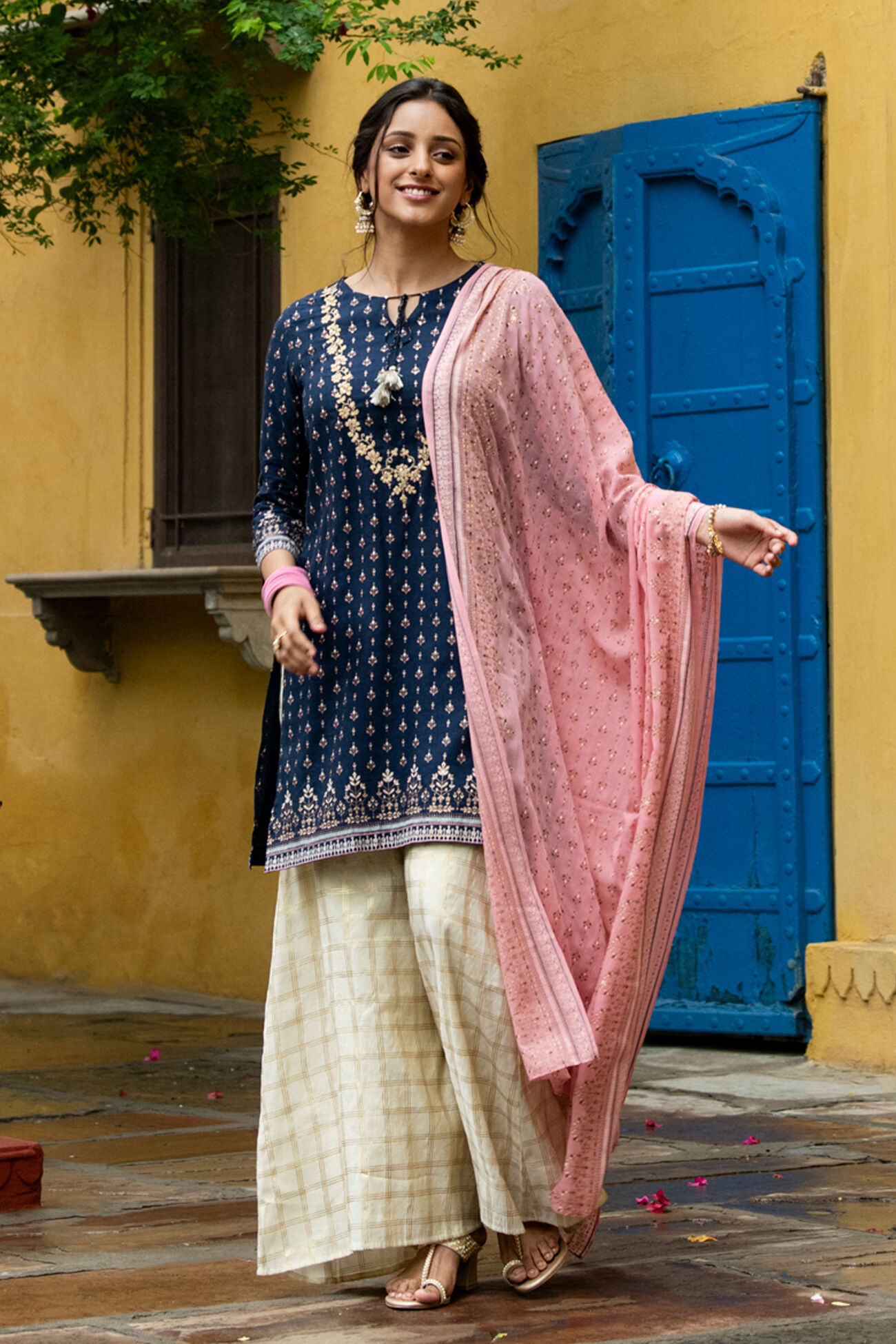 Indigo Ethnic Motifs Straight Suit, Indigo, image 1
