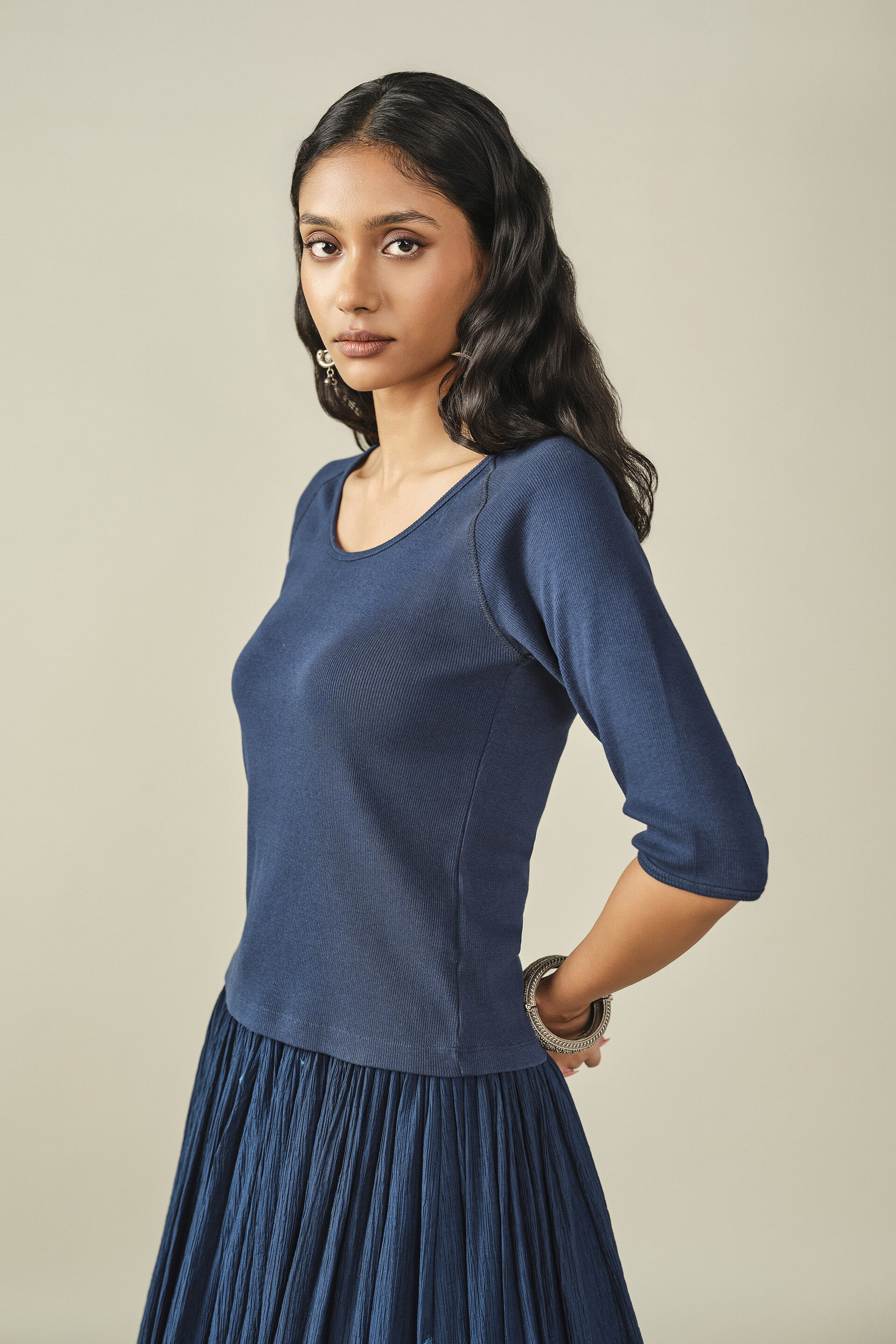 Solid Scoop Neck Top in Indigo, Indigo, image 3