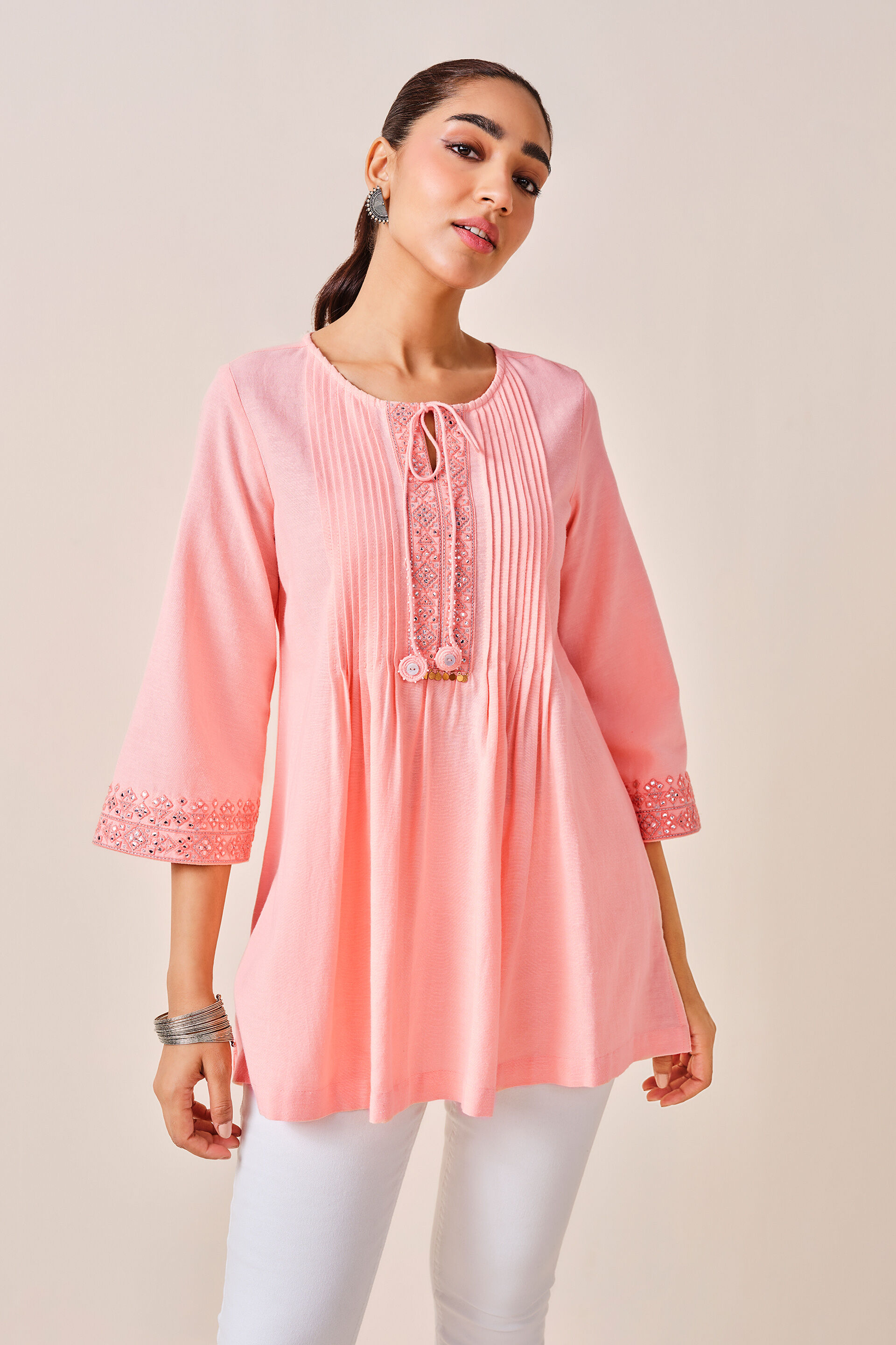 Peach Tassled Viscose Tunic, Peach, image 2
