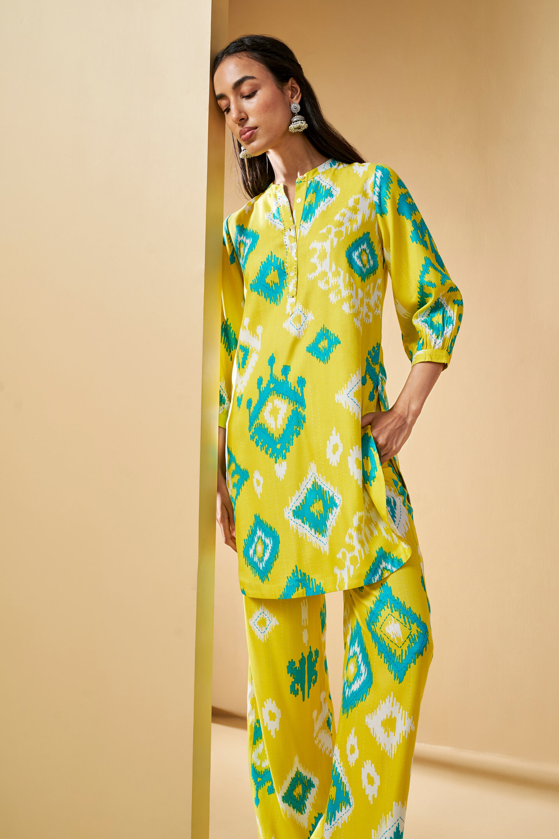 Ikat Inspired Kurta Set, Lime, image 2