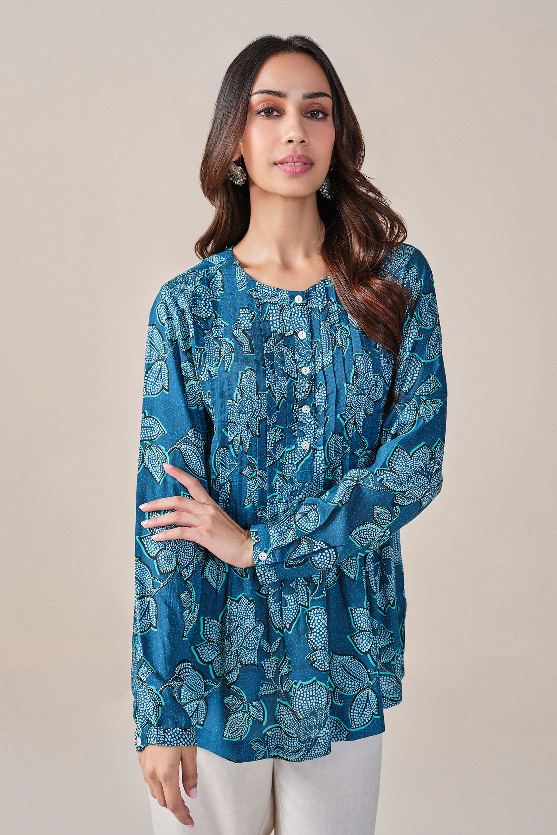 Blue Floral Print Viscose Top, Blue, image 4