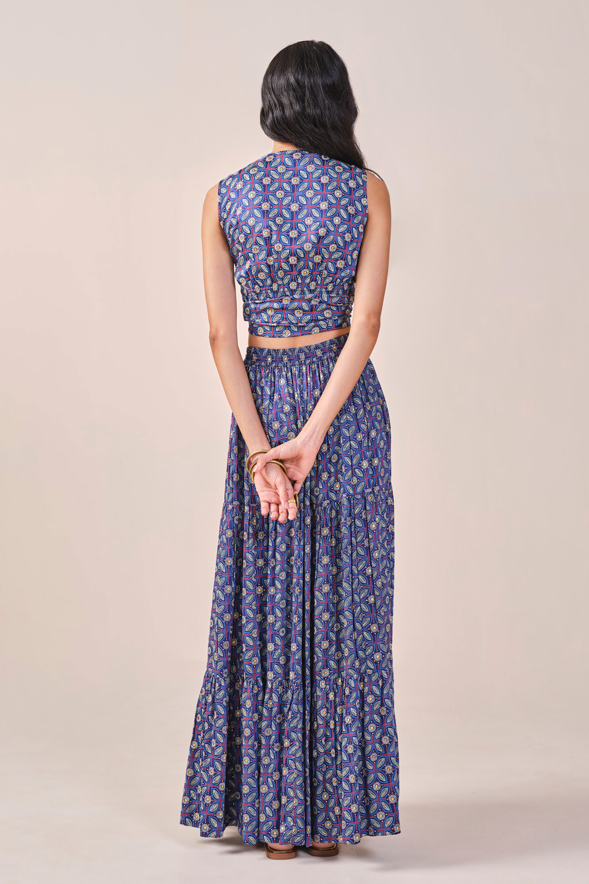 Floral Print Embroidered Tiered Skirt Set, Blue, image 9