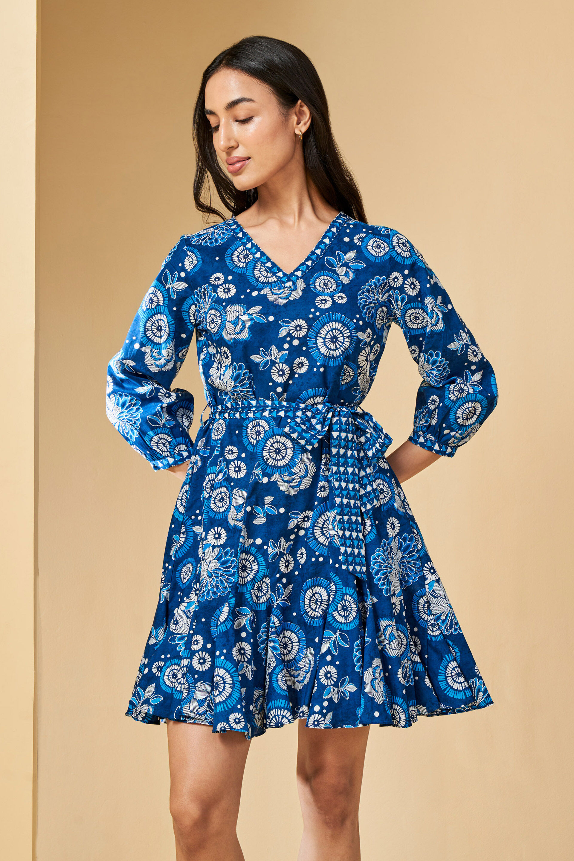 Ikat inspired Cotton Dress, Blue, image 4