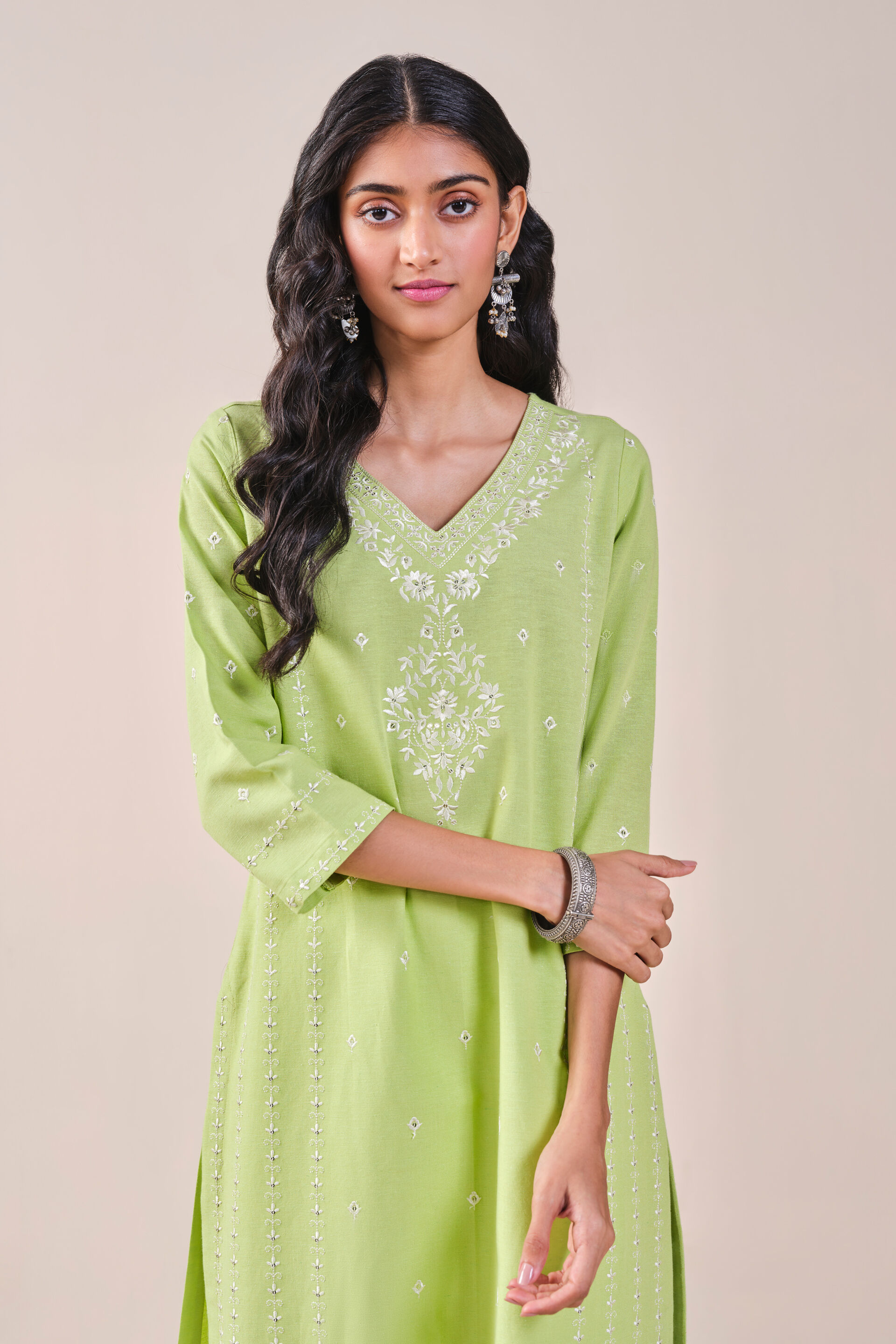 Lime Printed Rayon Linen Blend  Kurta, Lime, image 4