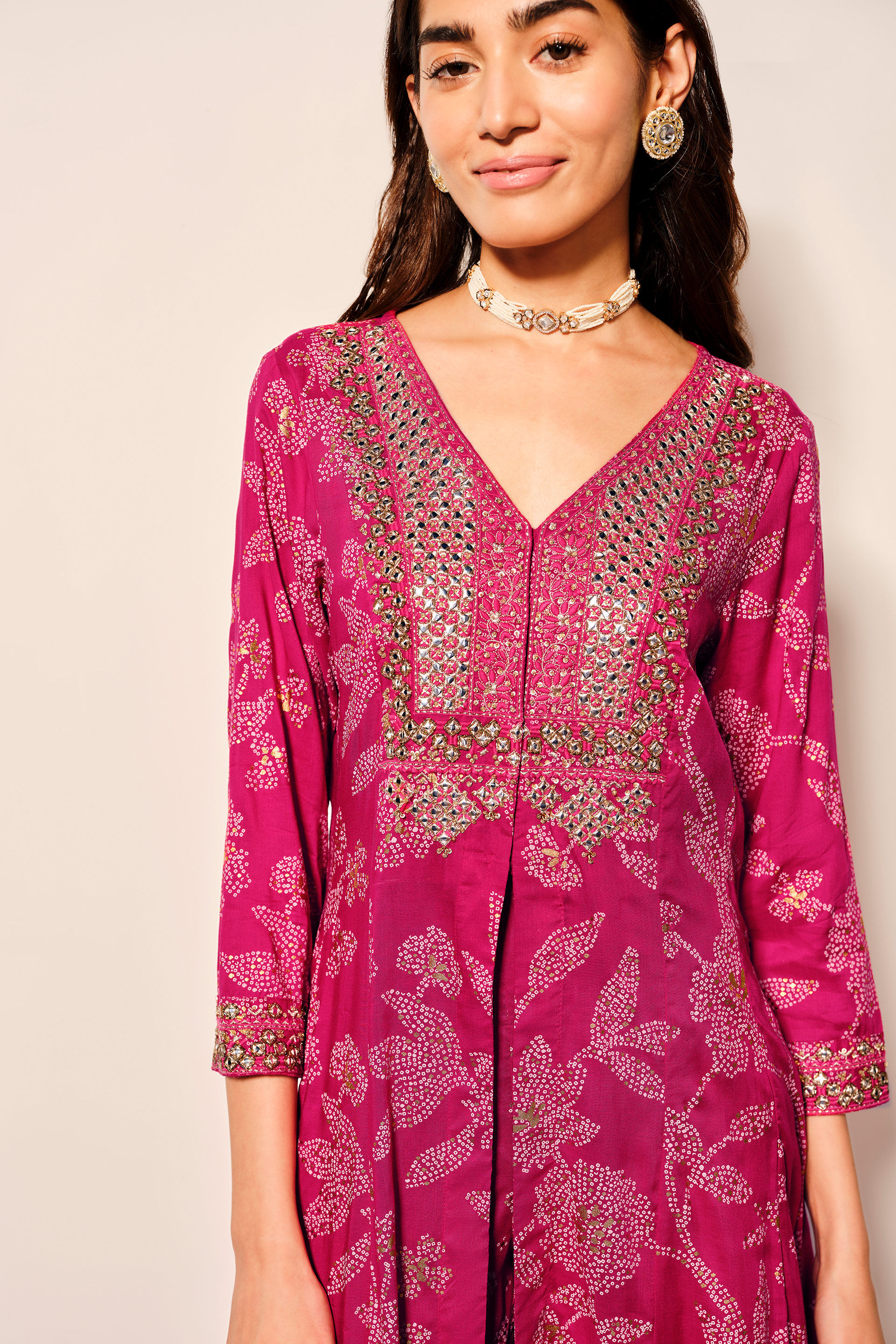 Pink Jacket-Style Viscose Kurta set In Leafy Print, Pink, image 4