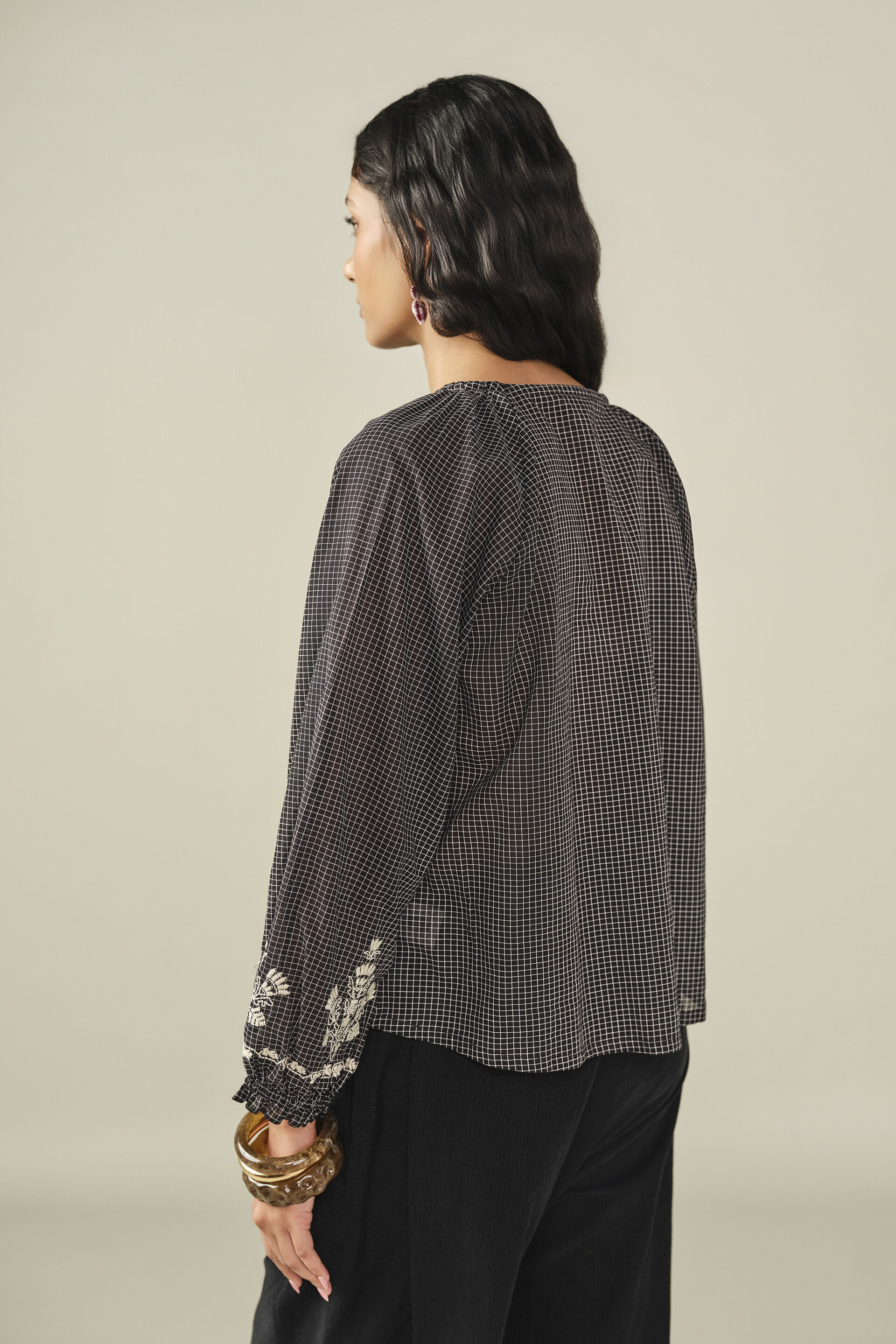 Embroidered Cotton Peasant Top in Black, Black, image 5
