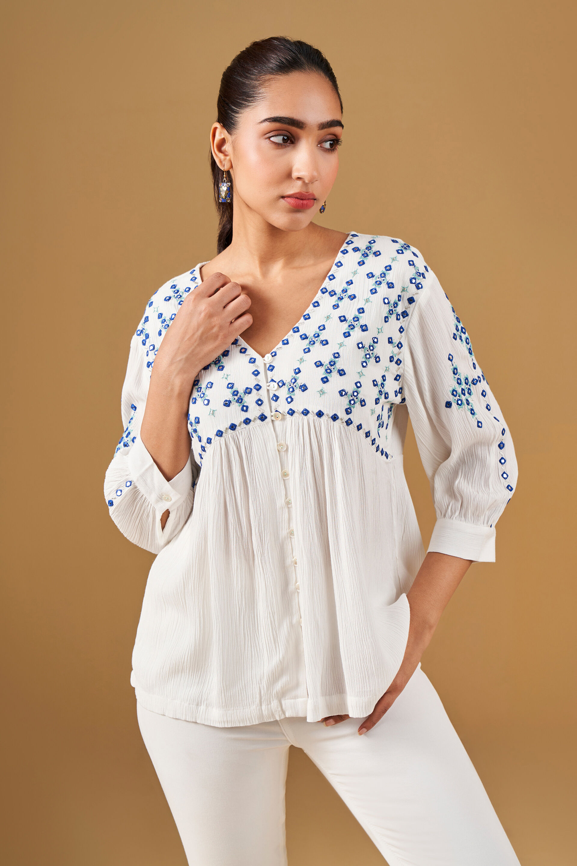 White Mirror Embroidery Viscose Top, Off White, image 4