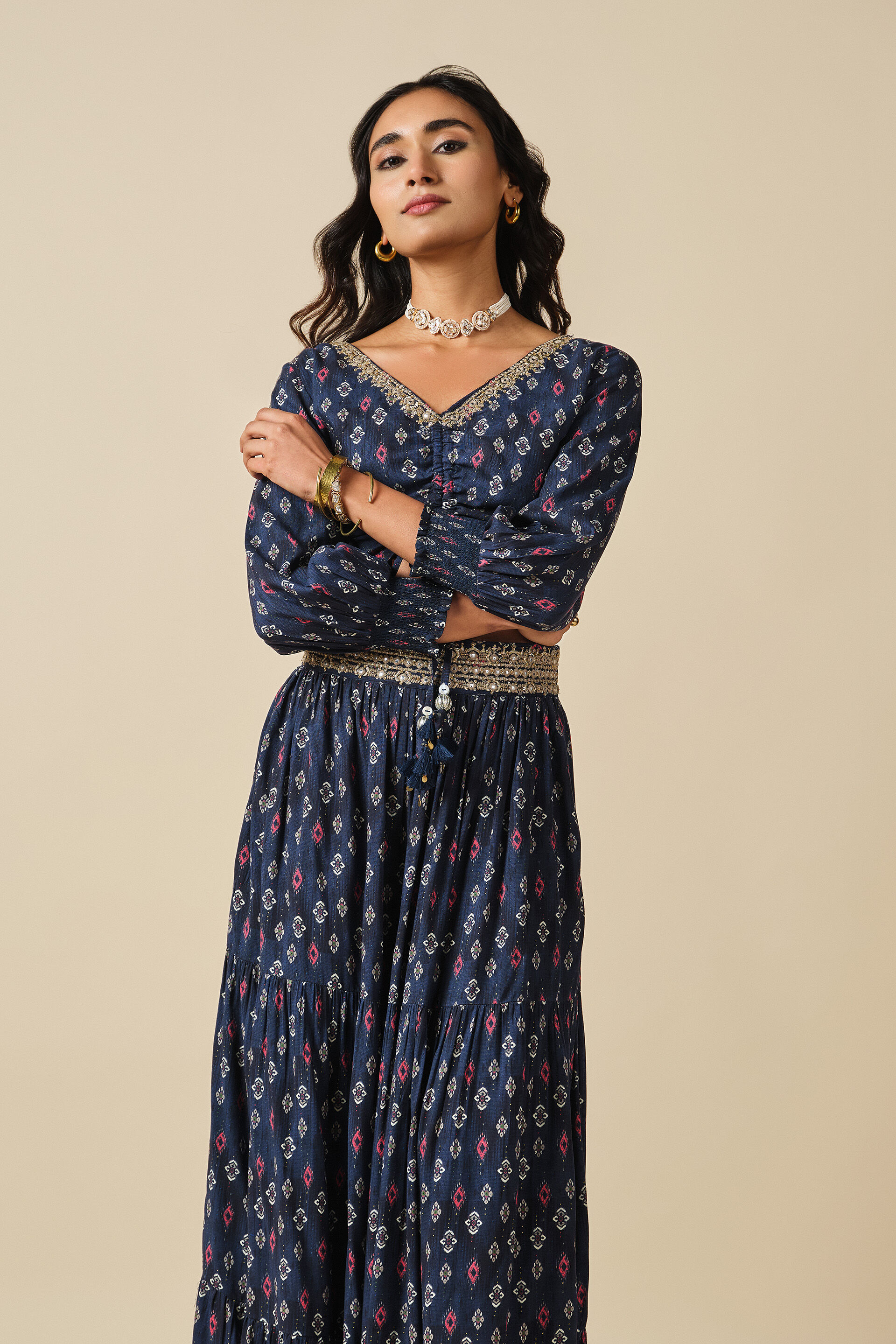 Navy Tie-up Top & Skirt Set, Navy Blue, image 3