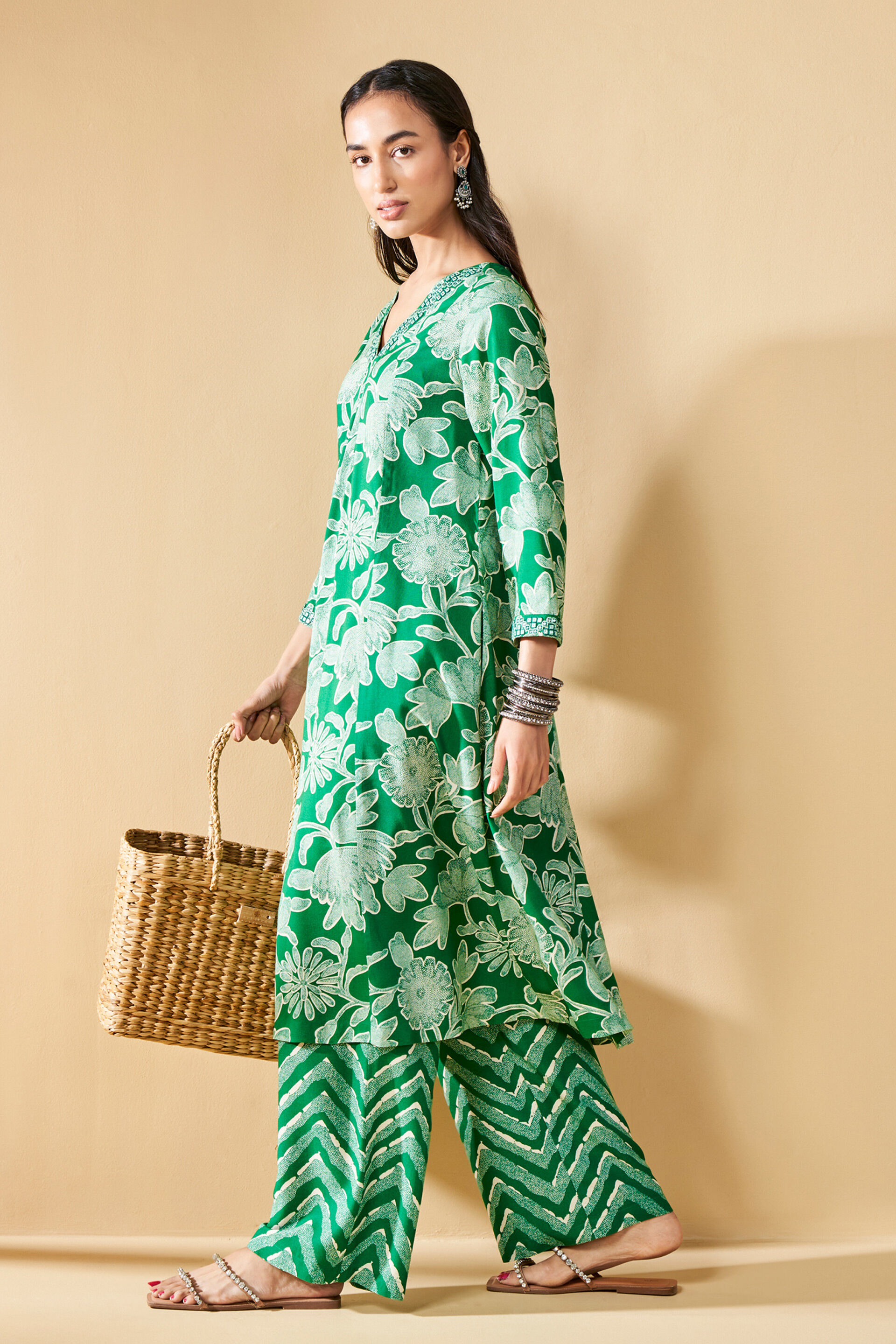 Floral Green Kurta Set, Green, image 3