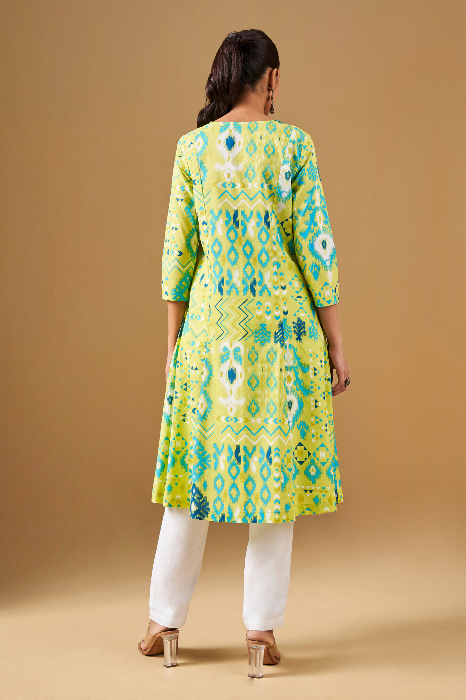Ikat Print Lime Green Cotton Flared Kurta, Lime, image 5