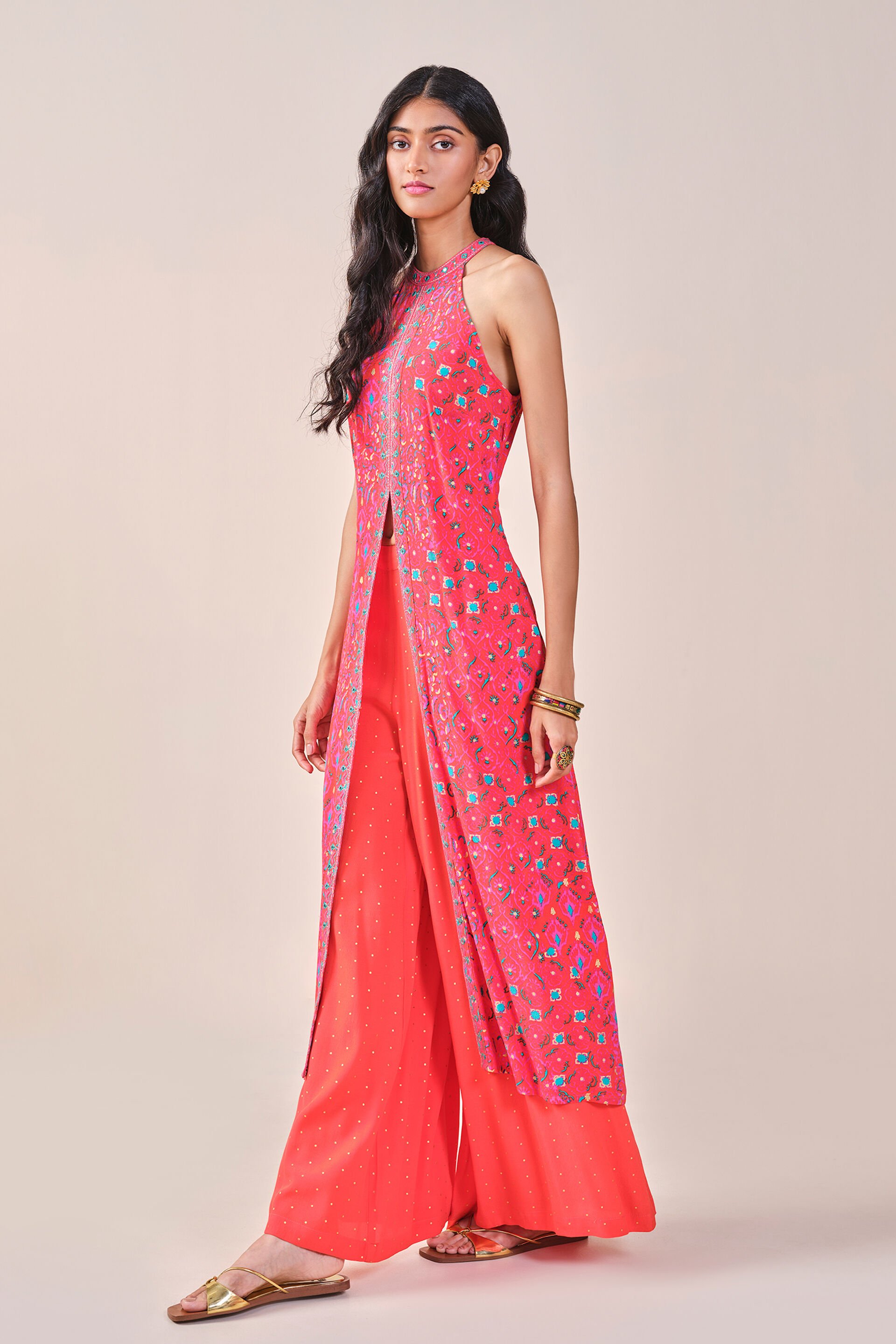 Festive Embroidered Ikat inspired Viscose Kurta set, Orange, image 7