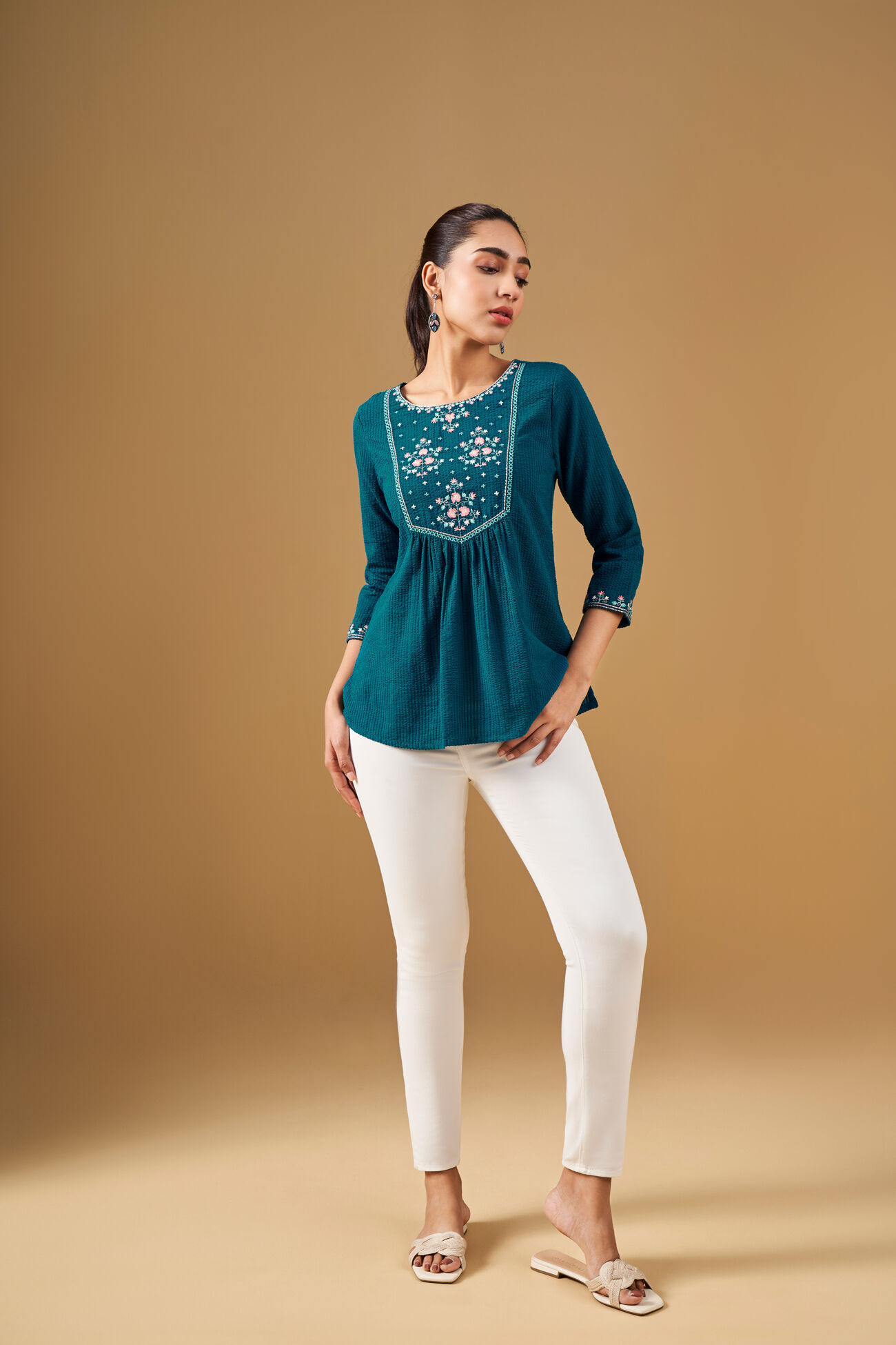 Floral Embroidered Teal Top, Teal, image 5