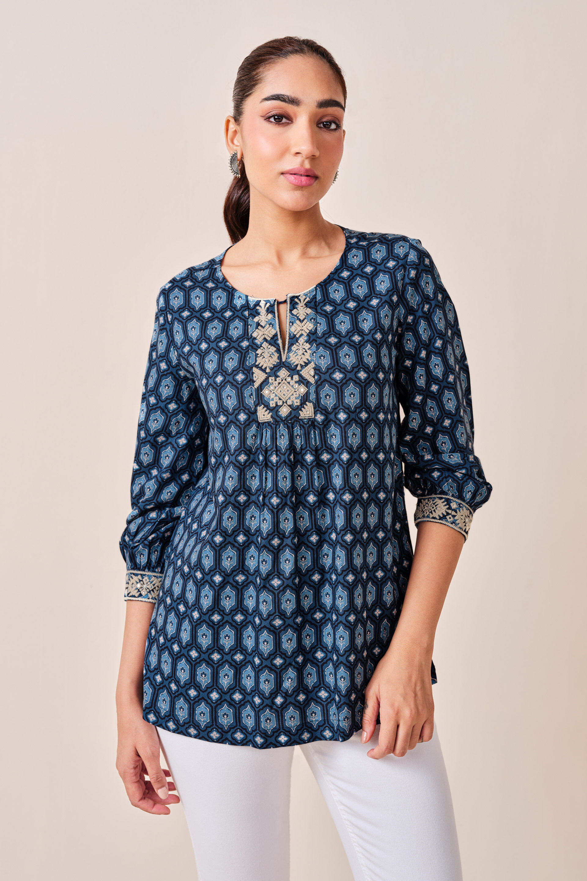 Indigo Floral Print Viscose Top, Indigo, image 5