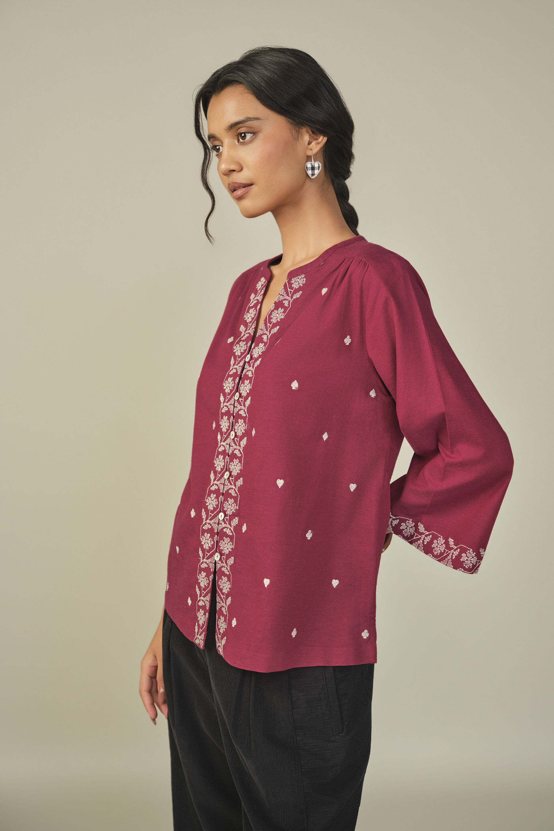 Embroidered Bell Sleeved Top in Red, Red, image 5