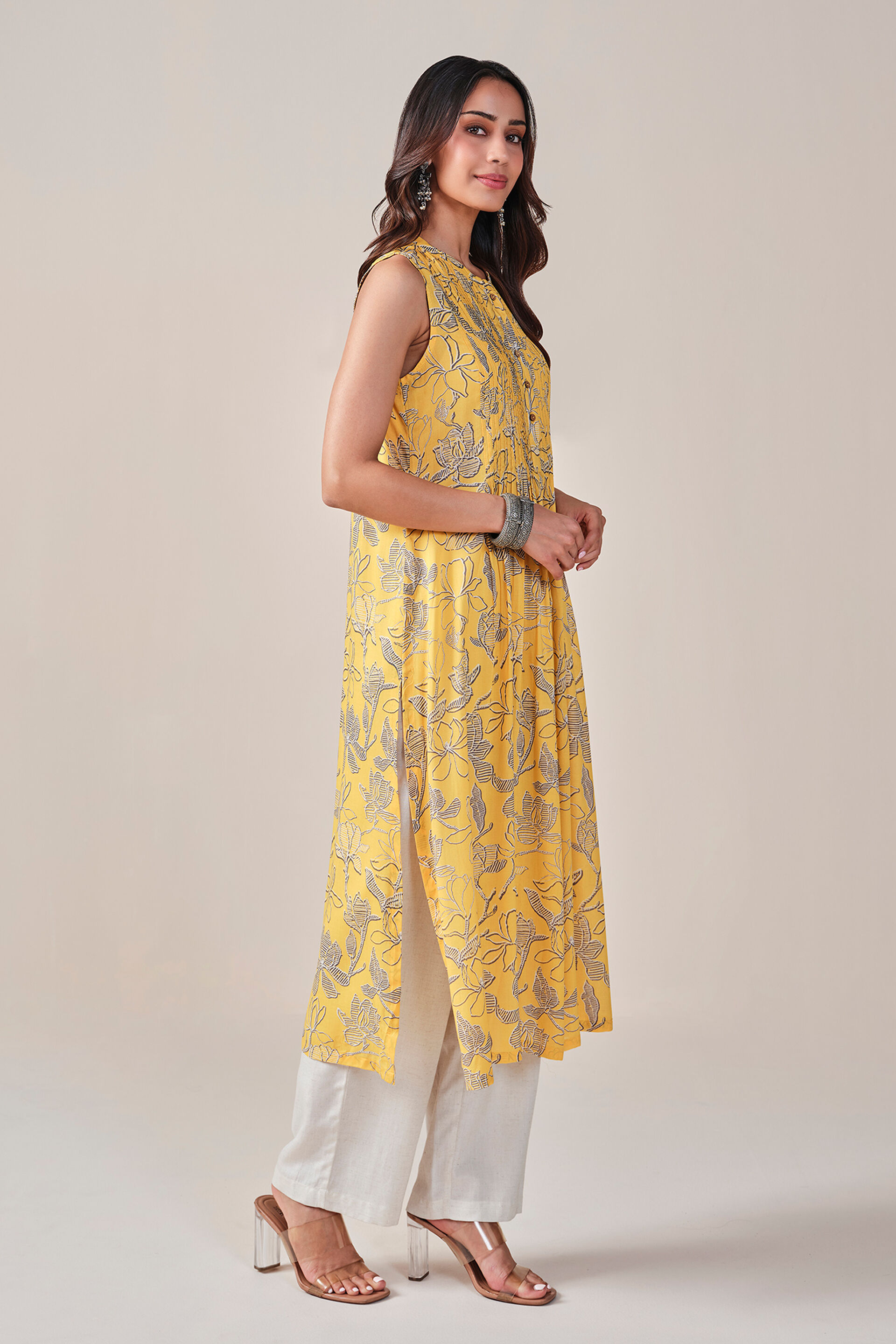 Floral Print Viscose Kurta, Mustard, image 4