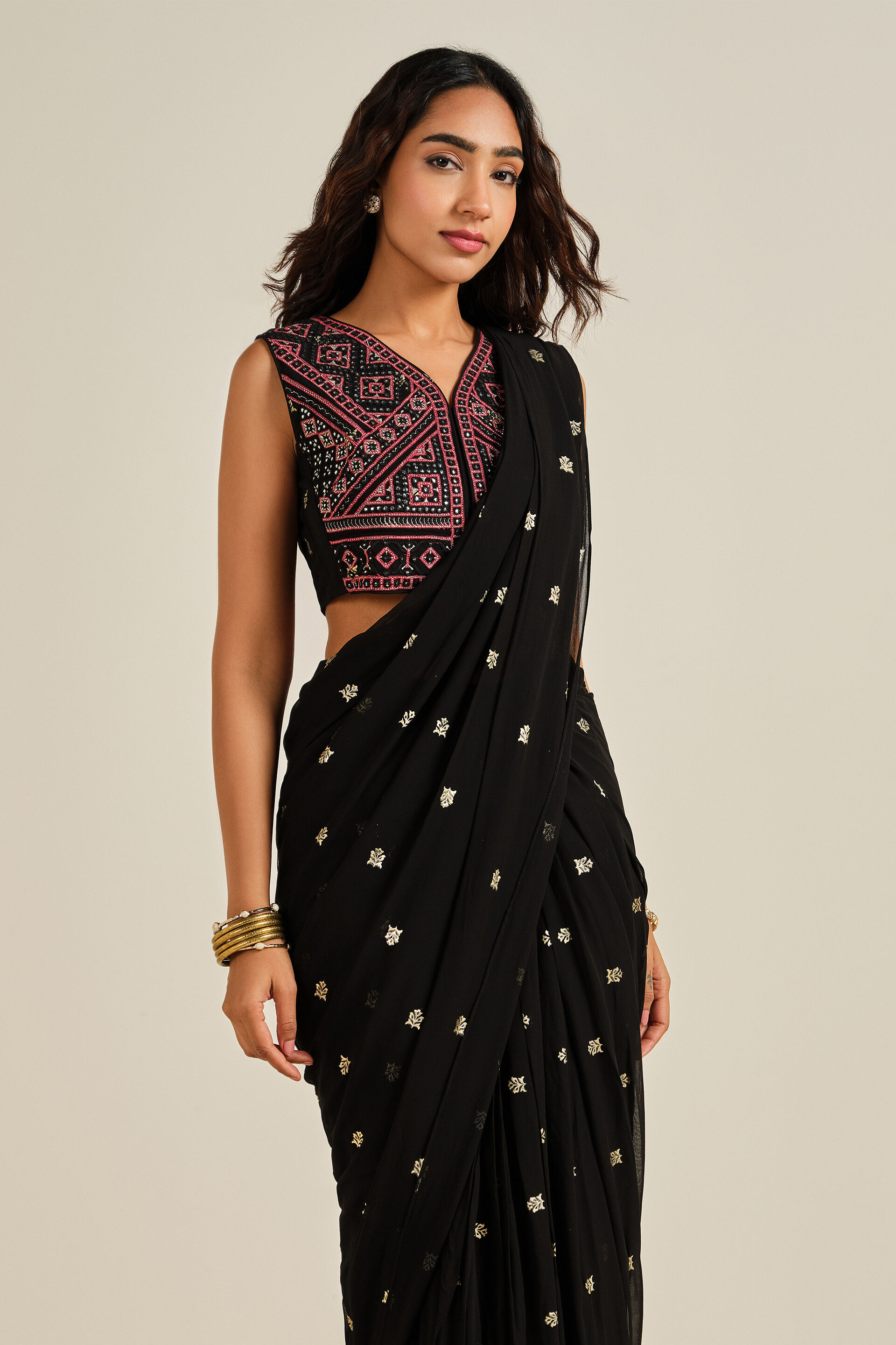 Shaam Sitaara Pre-draped Saree, Black, image 3