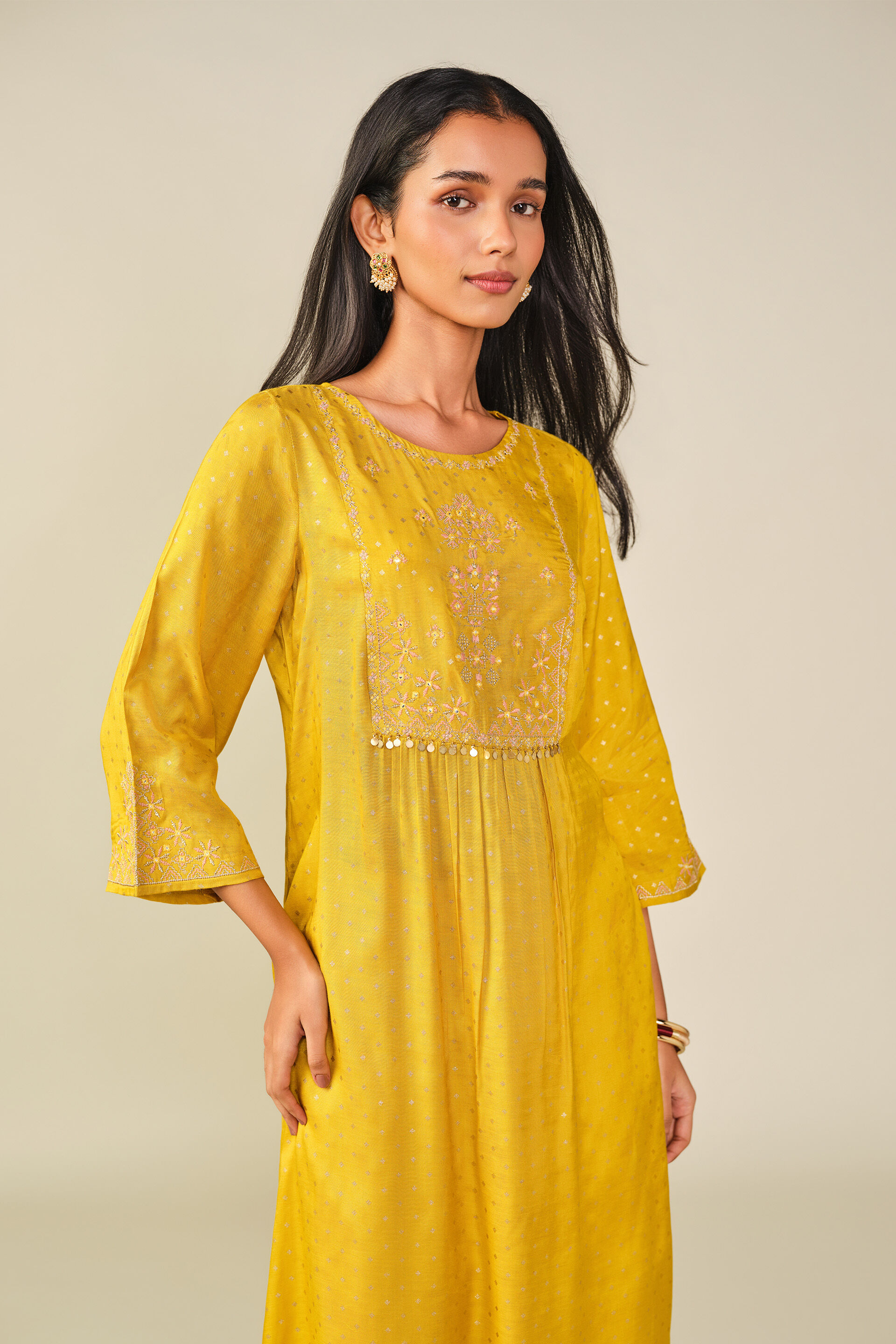 A-Line Embroidered Kurta in Mustard, Mustard, image 3