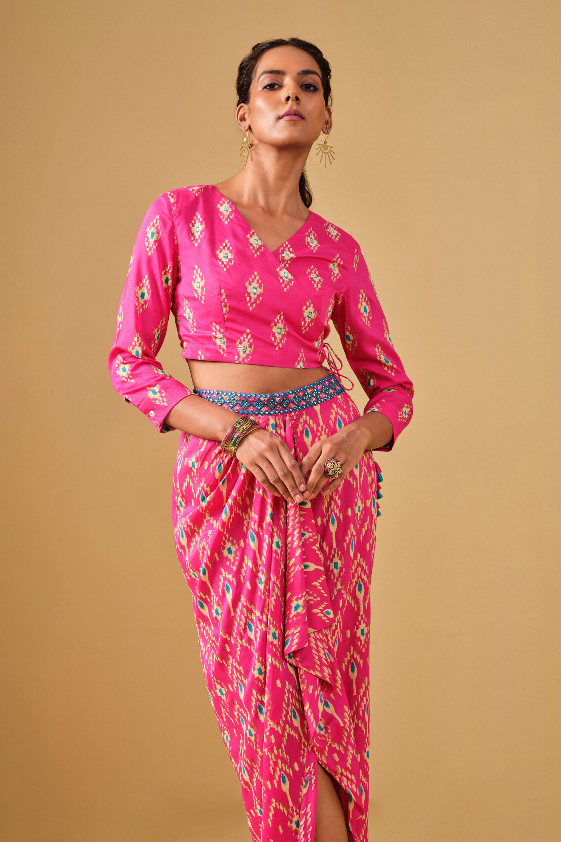 Ikat Inspired Pink Viscose Skirt Set, Pink, image 8