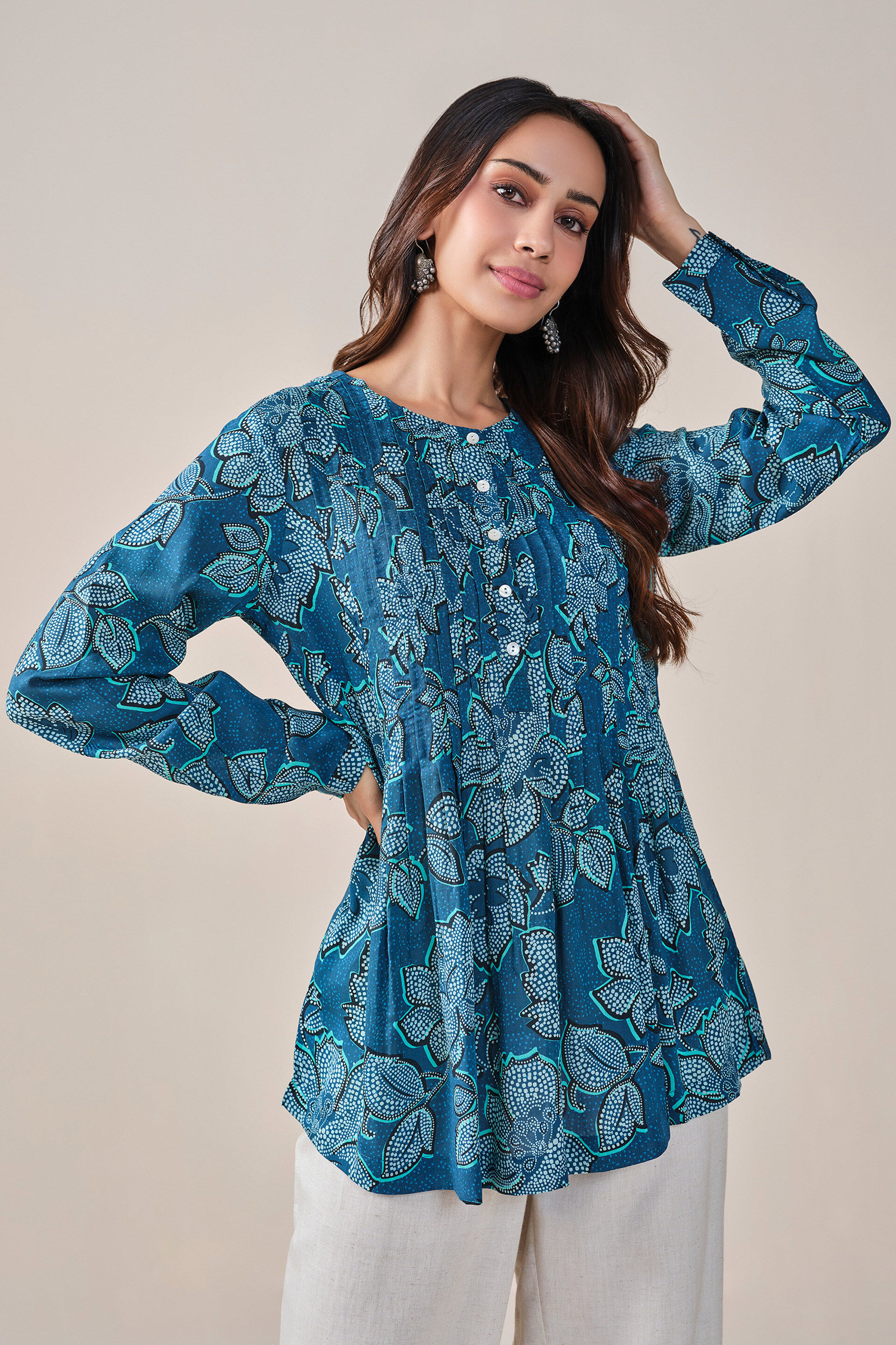 Blue Floral Print Viscose Top, Blue, image 7