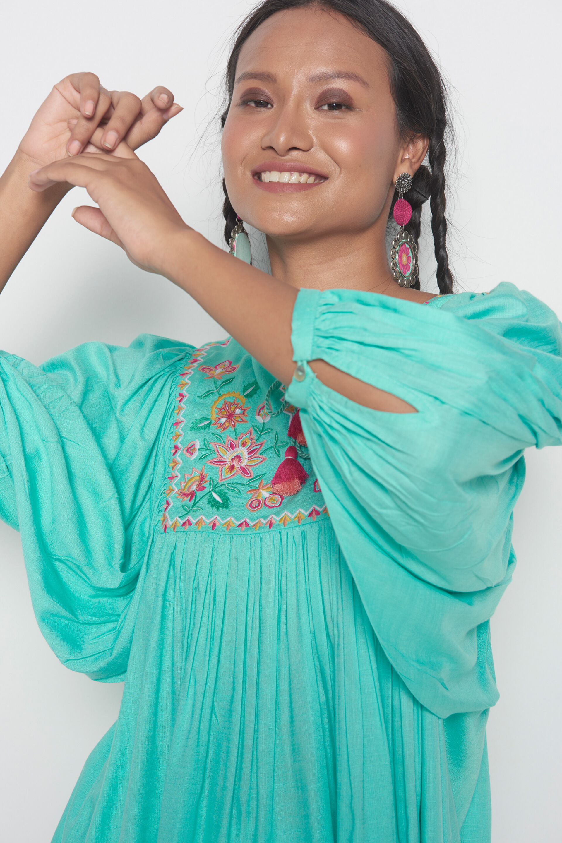 Grove Blouson Top, Aqua, image 2