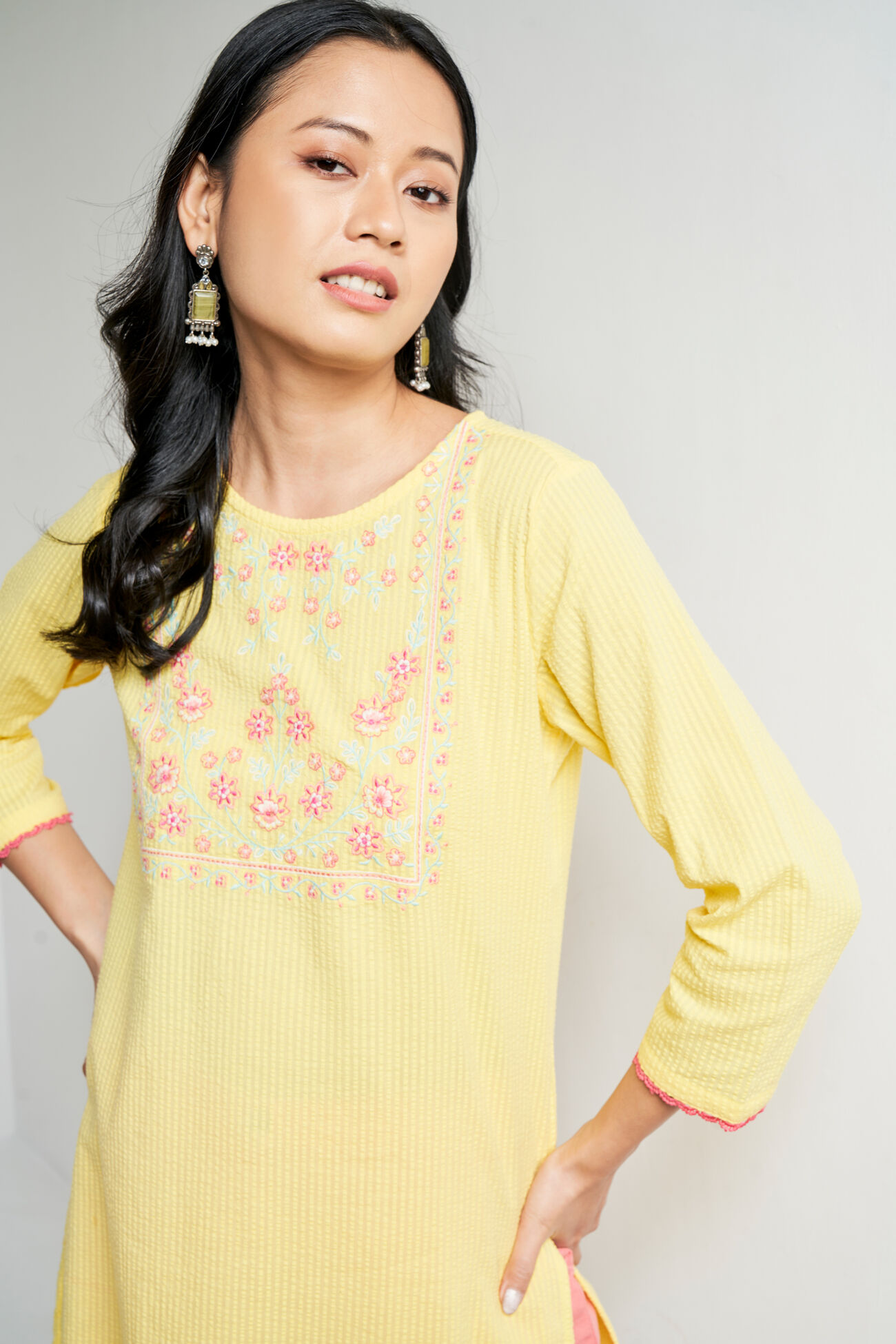 Yellow Solid Embroidered Straight Kurta, Yellow, image 6