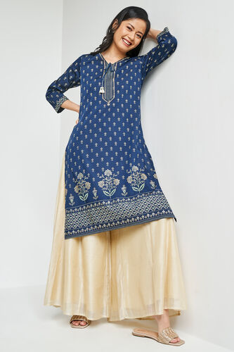 Indigo Ethnic Motifs Straight Kurta, Indigo, image 3
