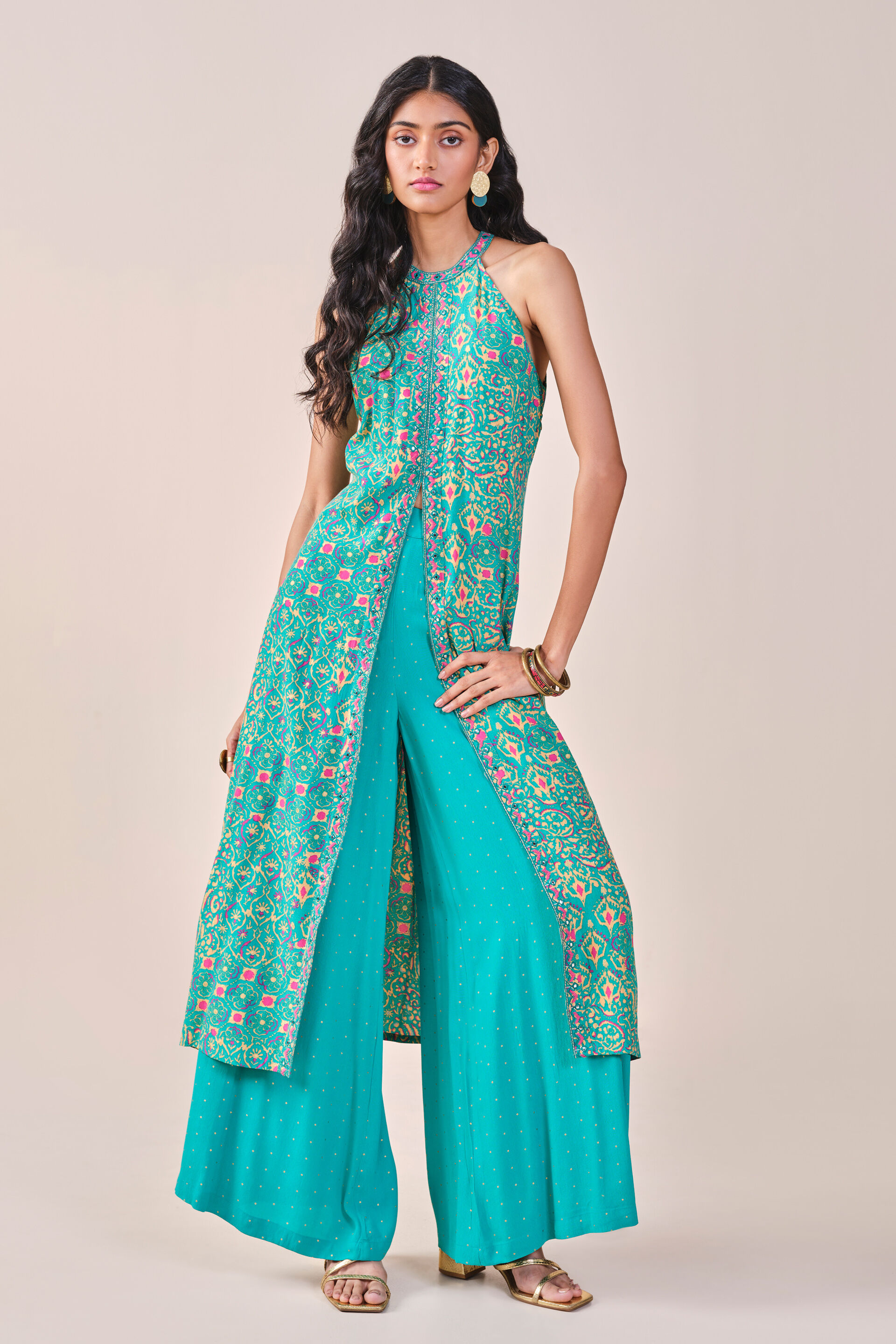 Teal Festive Embroidered Ikat inspired Viscose Kurta set, Teal, image 7