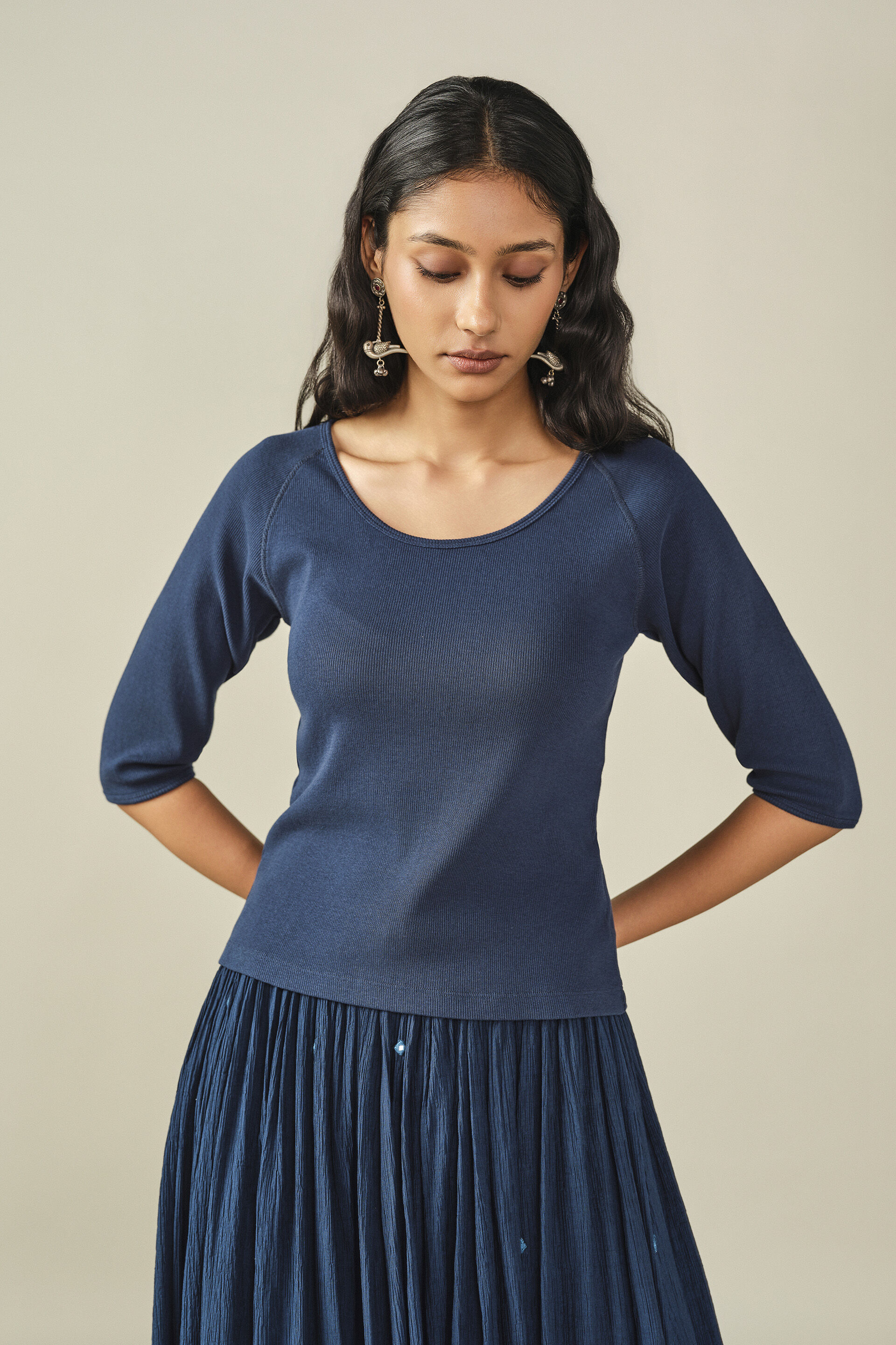 Solid Scoop Neck Top in Indigo