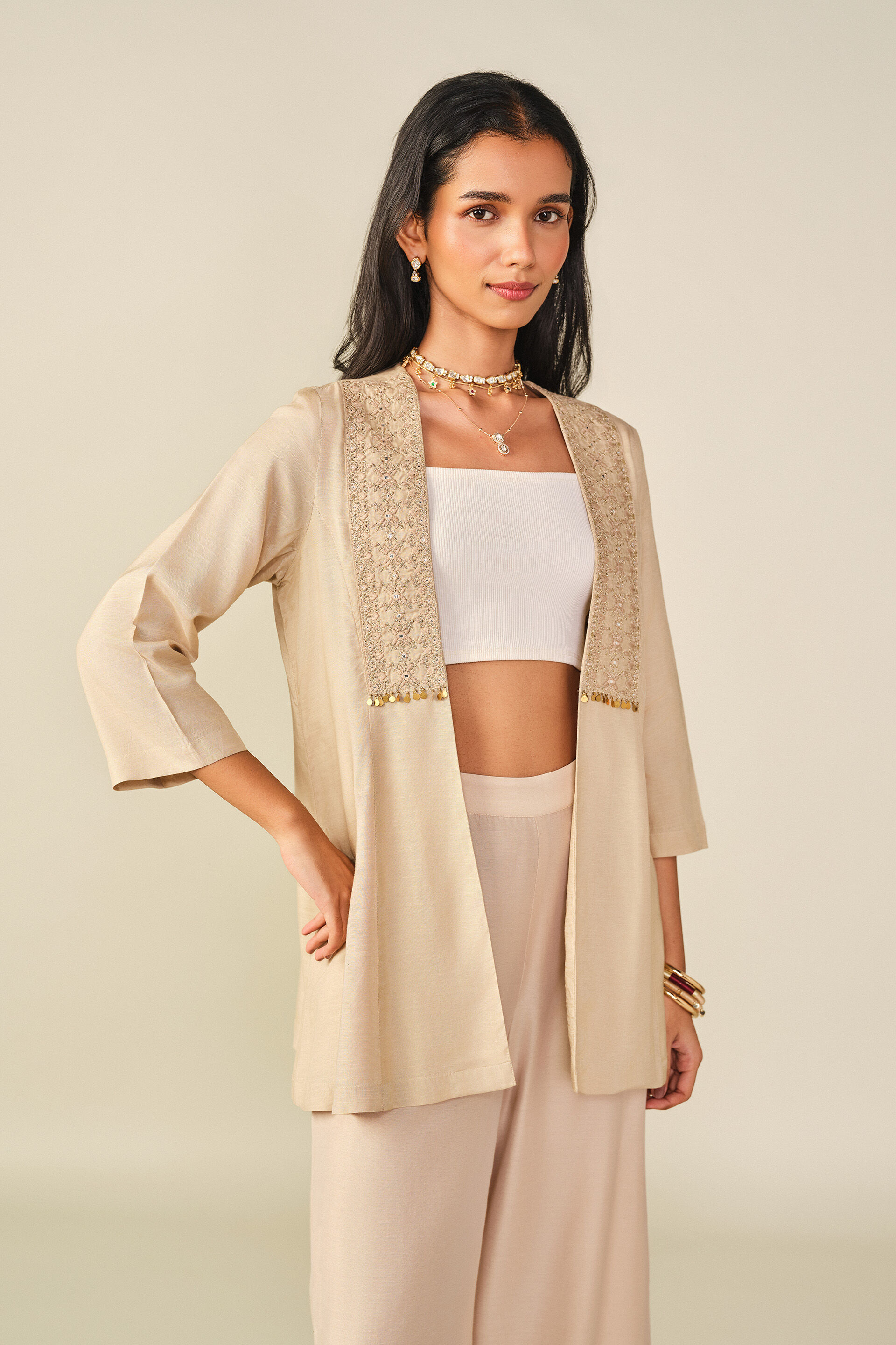 Embroidered Shrug in Beige