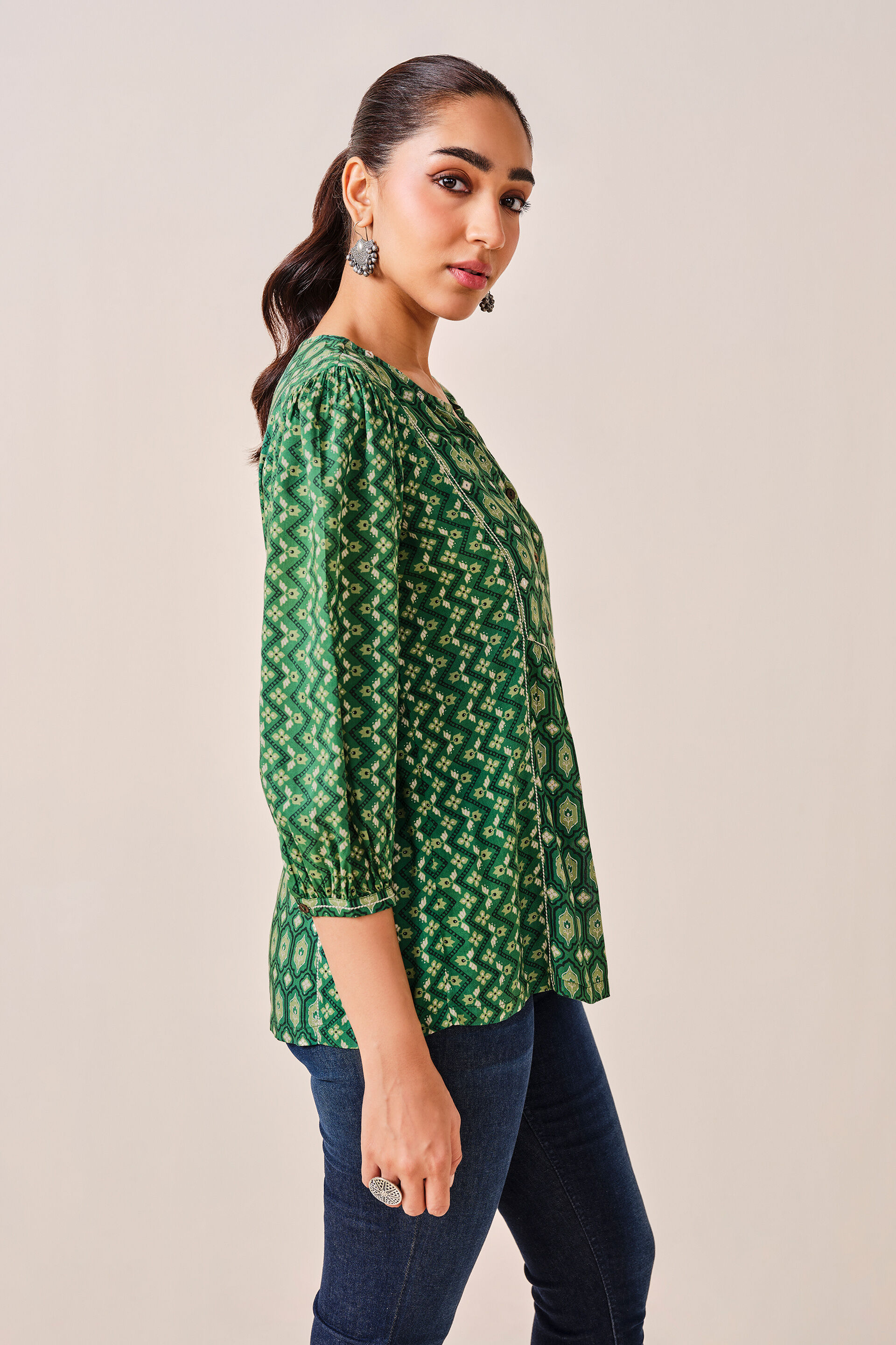 Green Floral Print Viscose Top, Green, image 5