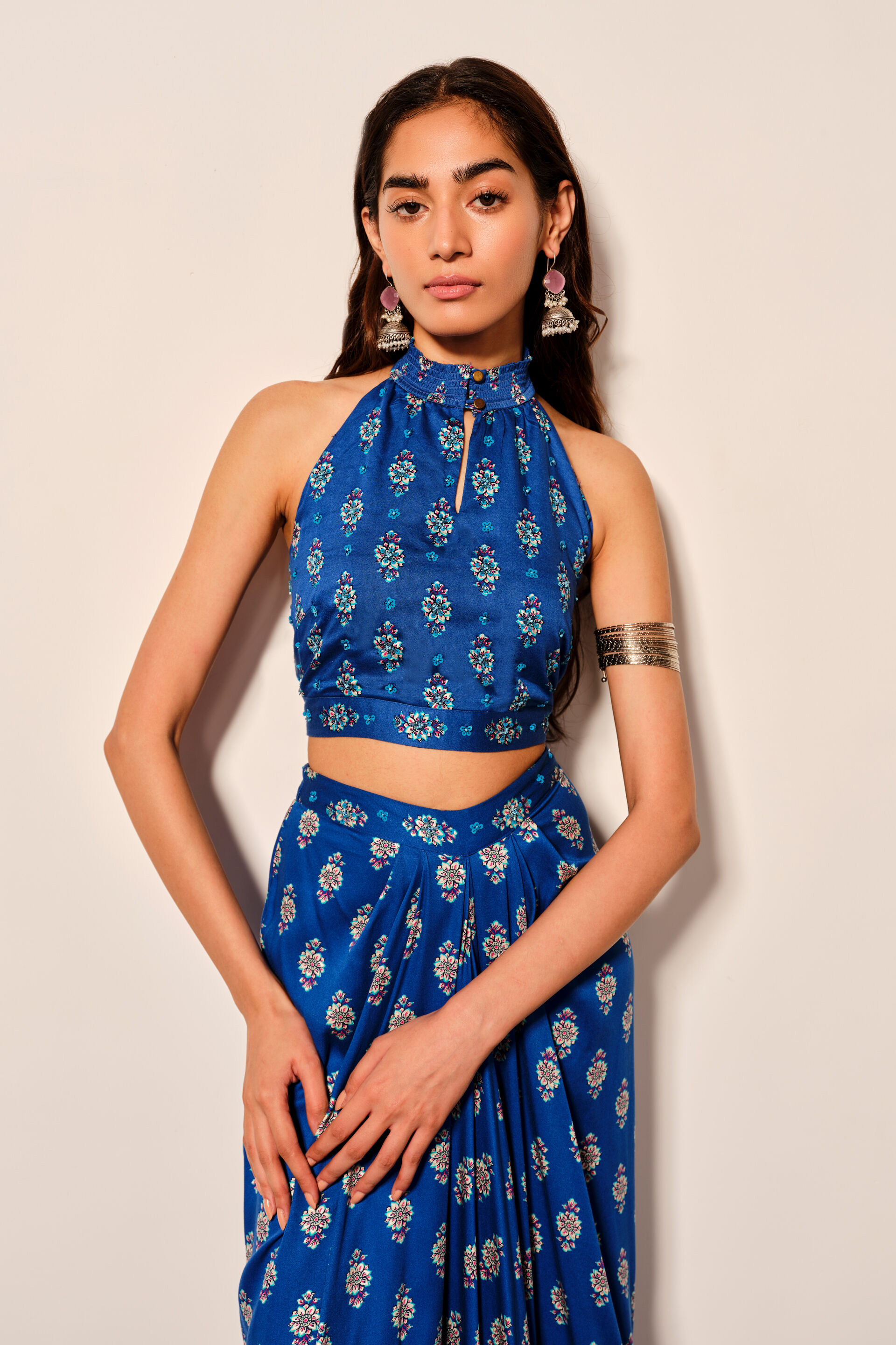 Blue Viscose Draped Skirt & Halter Top Set, Blue, image 4