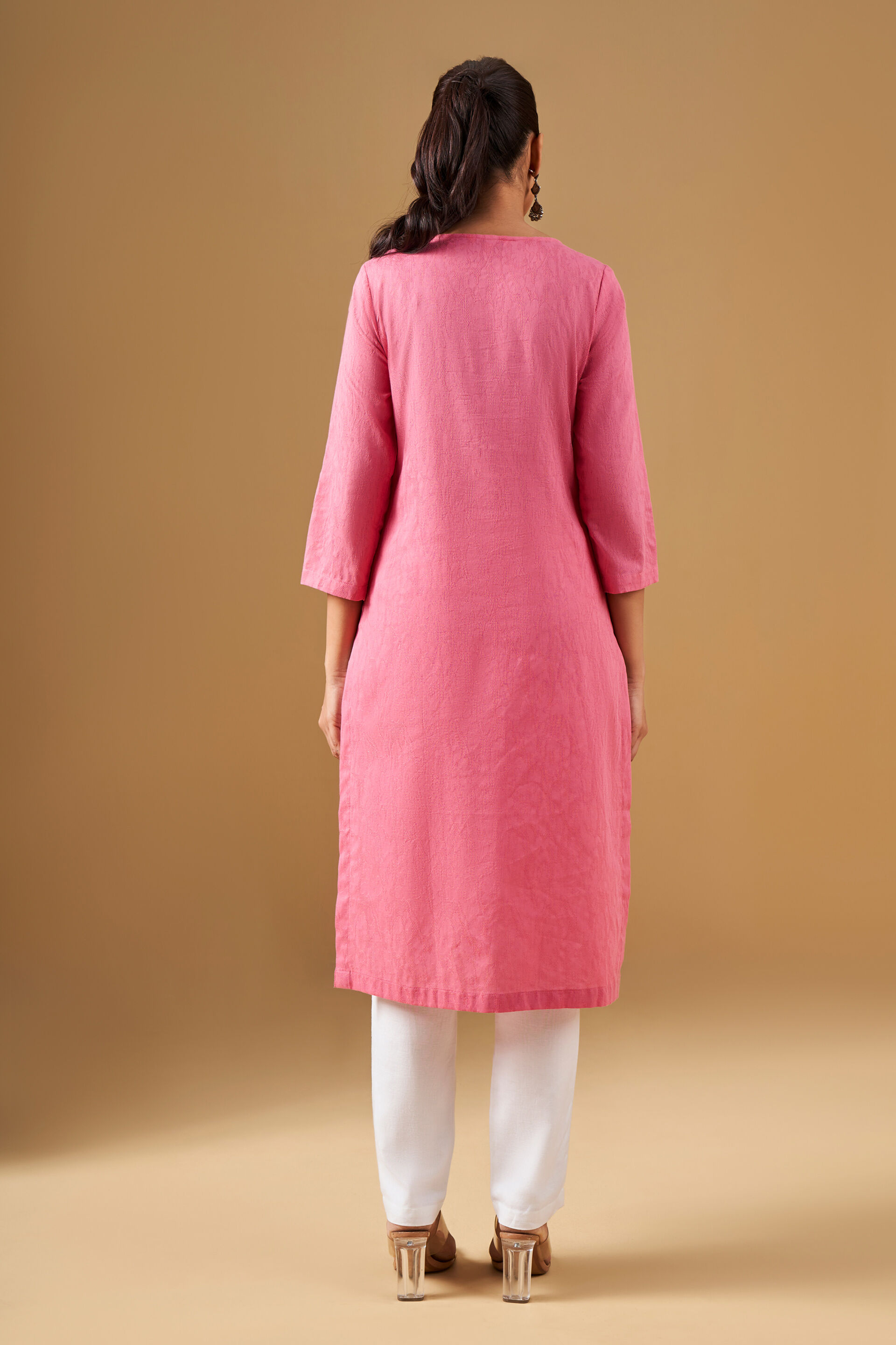Ethnic Floral Embroidered Cotton Kurta, Coral, image 4