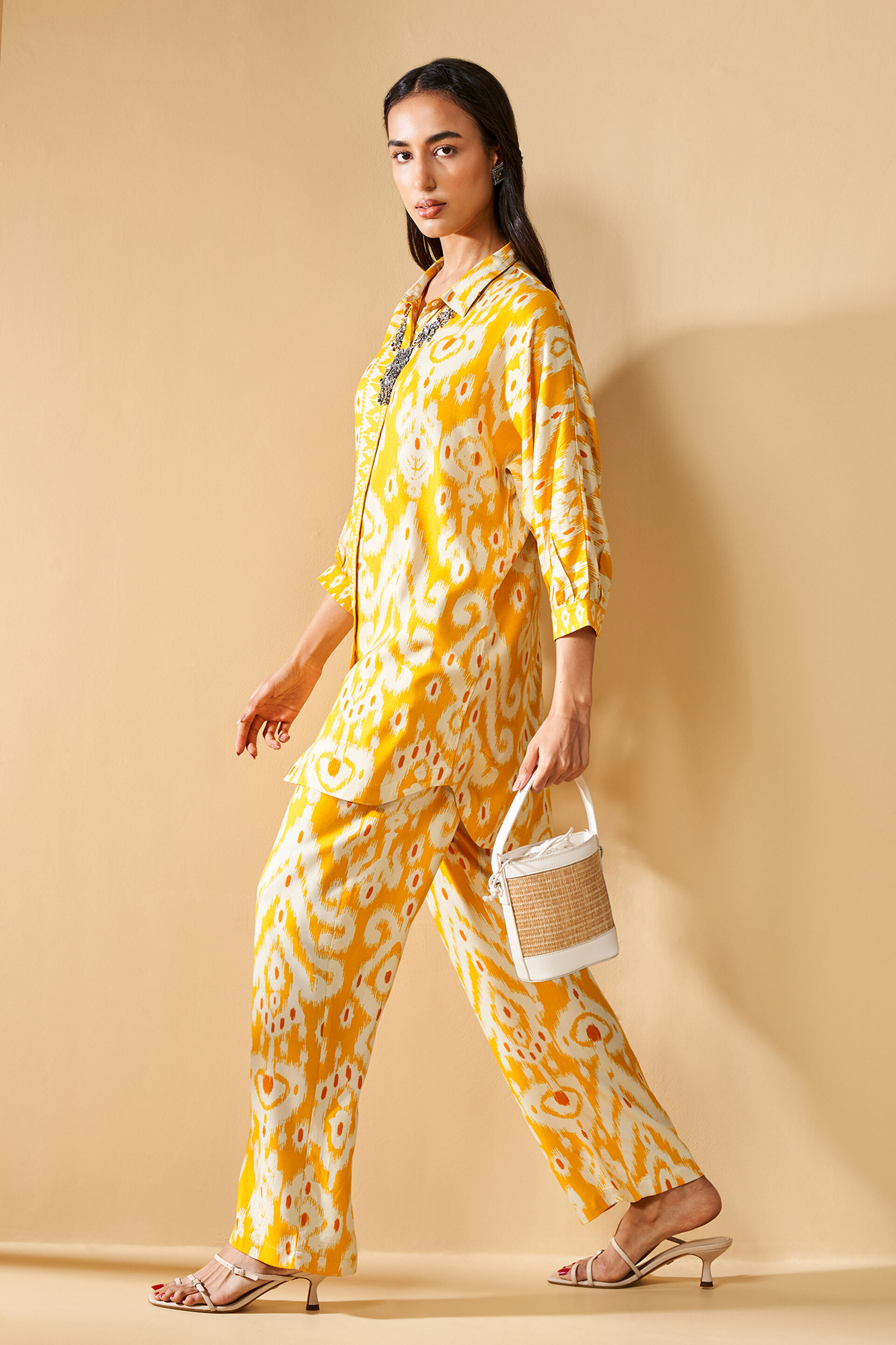 Ikat Inspired Yellow Kurta Set, Yellow, image 3