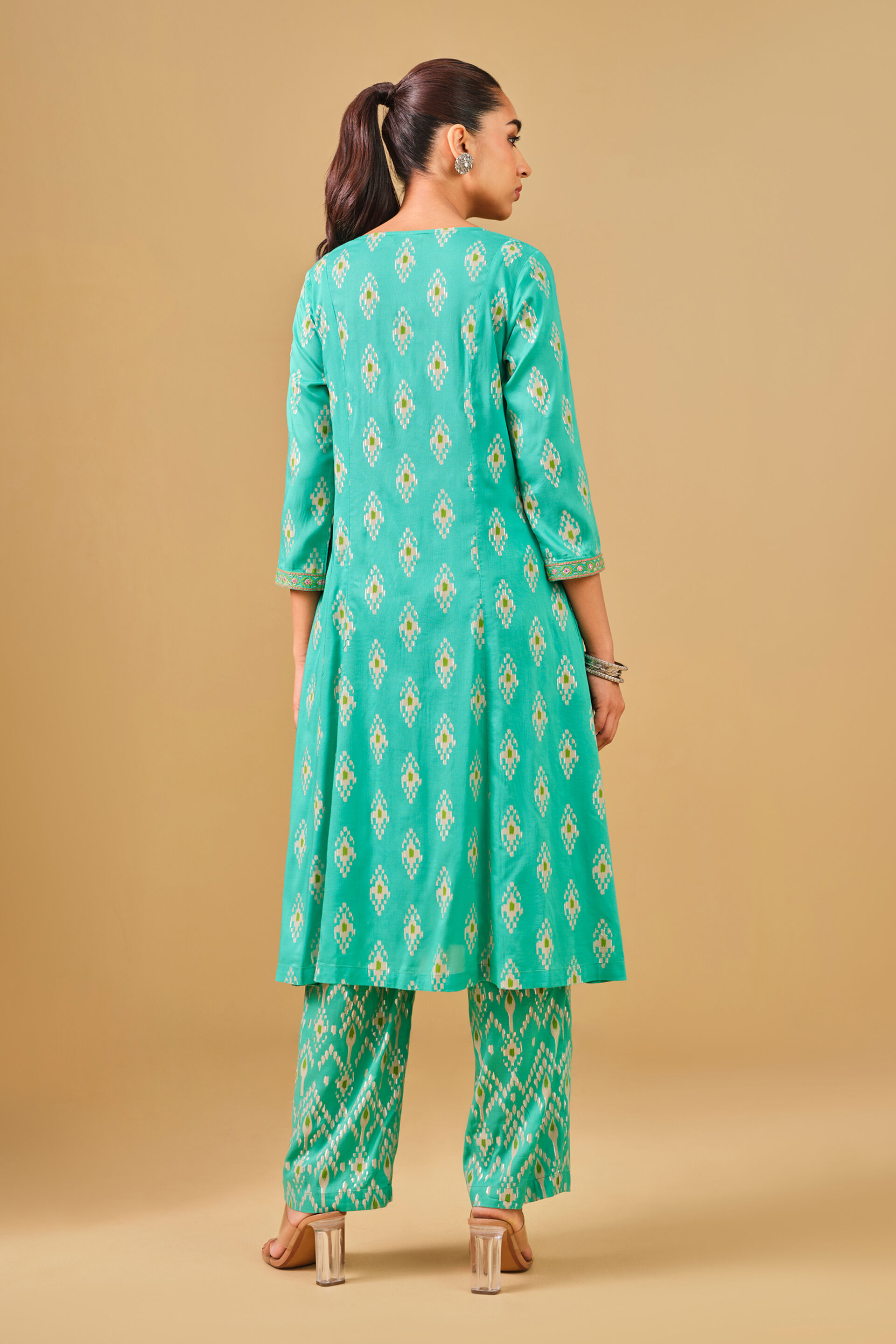 Ikat Inspired Aqua Kurta Set, Aqua, image 4