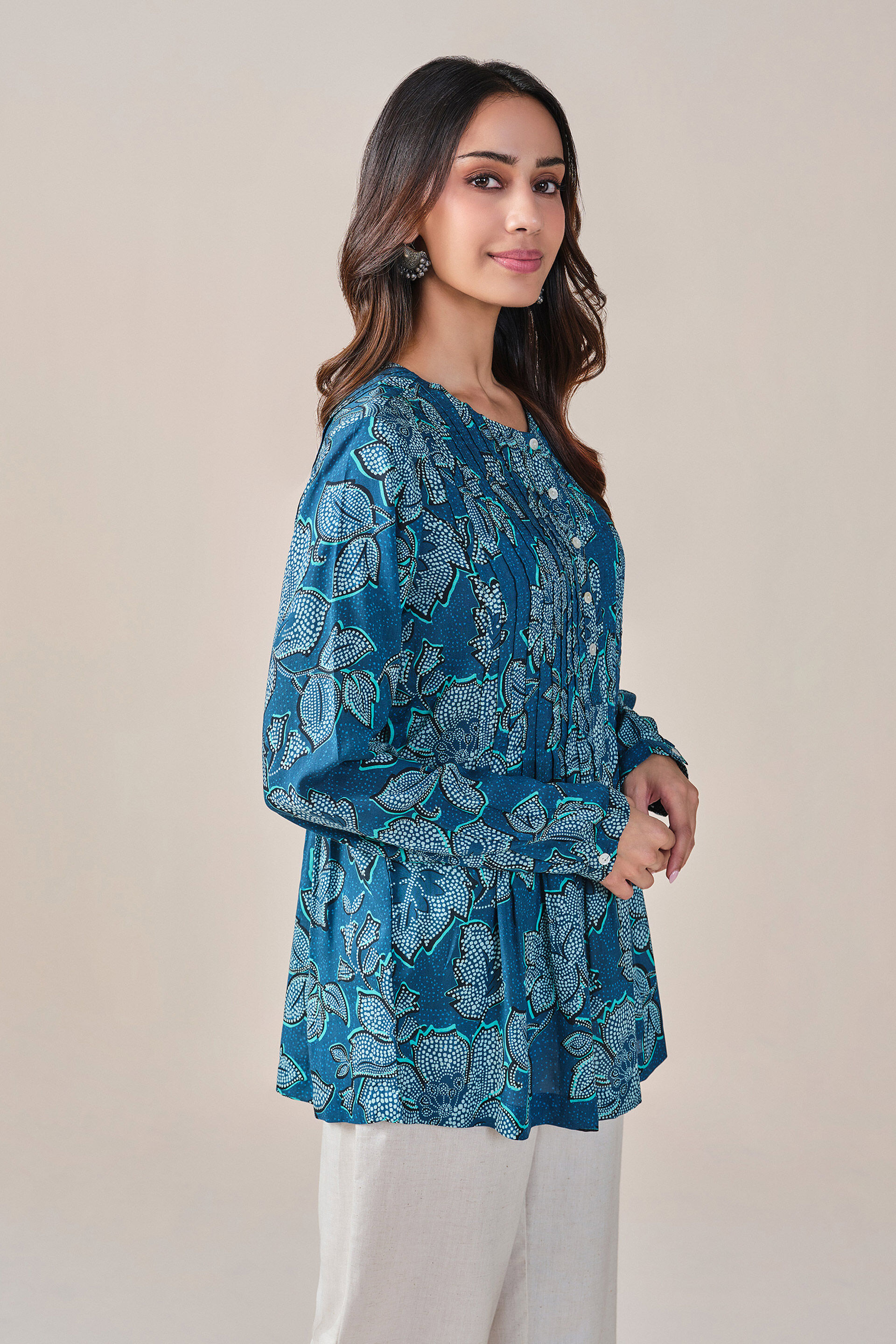 Blue Floral Print Viscose Top, Blue, image 5