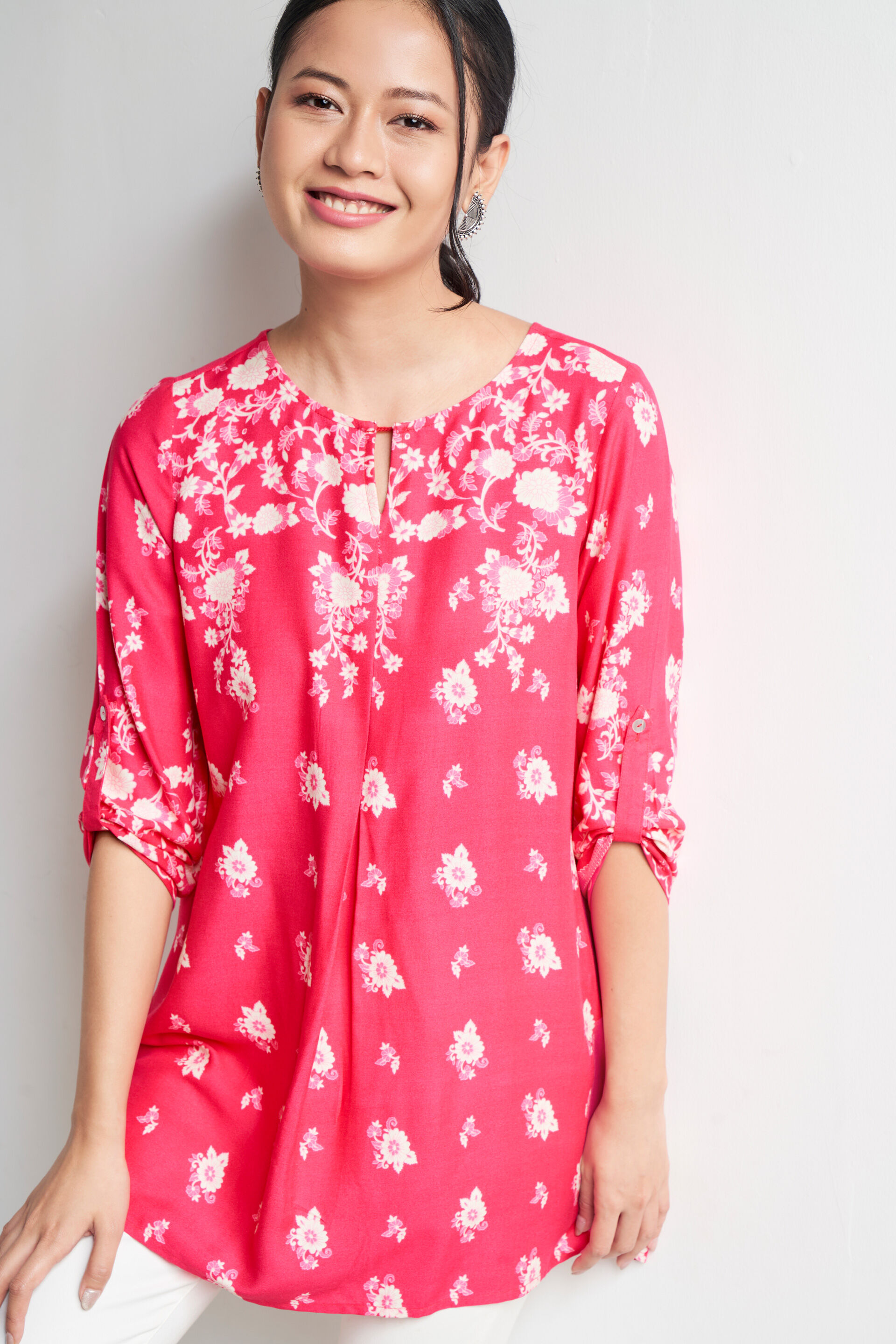 Hot Pink Floral Applique Straight Top, Hot Pink, image 3