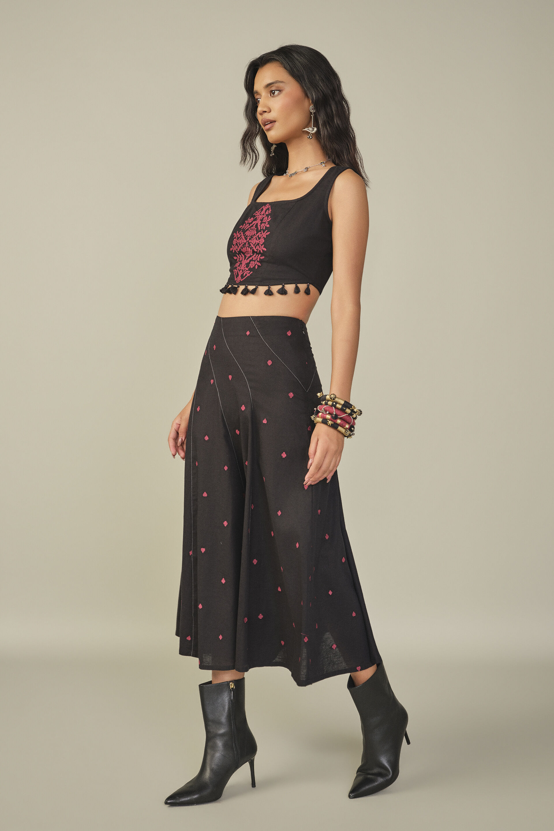 Embroidered Skirt Set in Black, Black, image 4